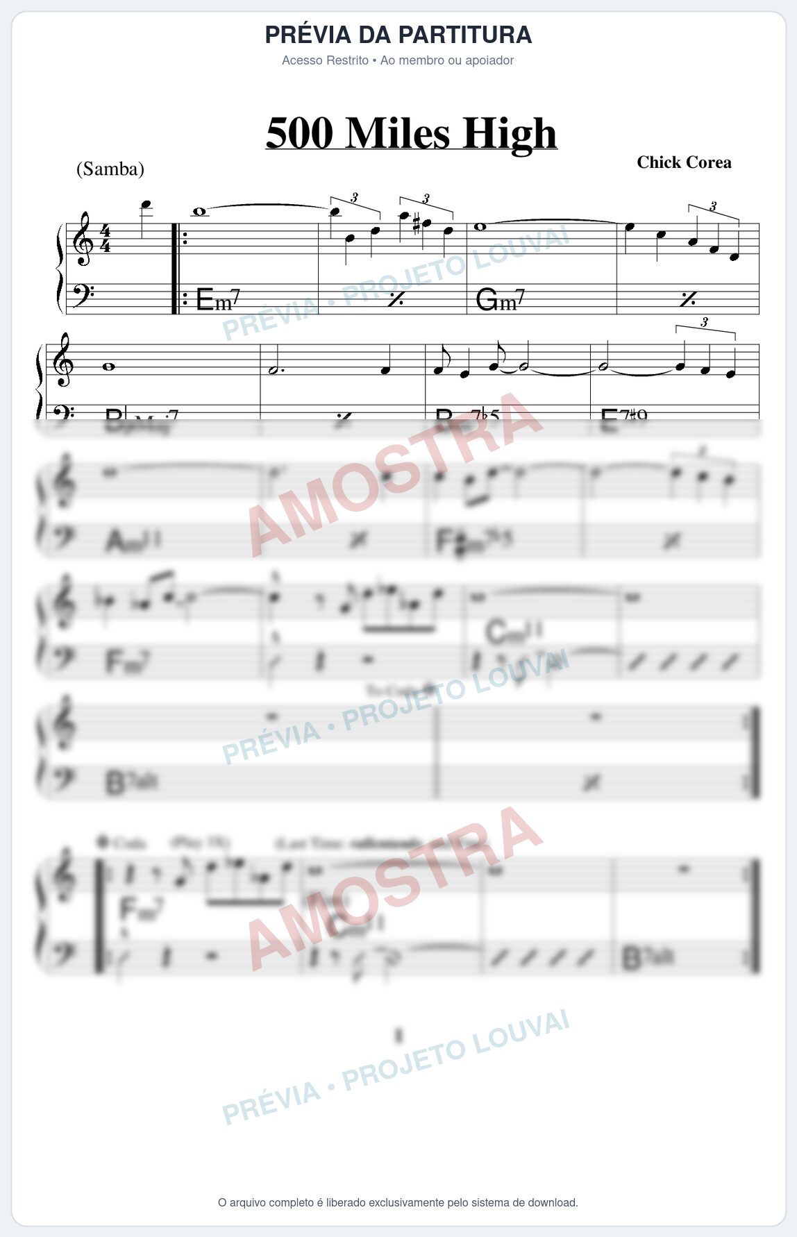 Prévia protegida da primeira página da partitura Partitura para Trompete Piccolo em Sib - 500 Miles High - Real Book de Jazz
