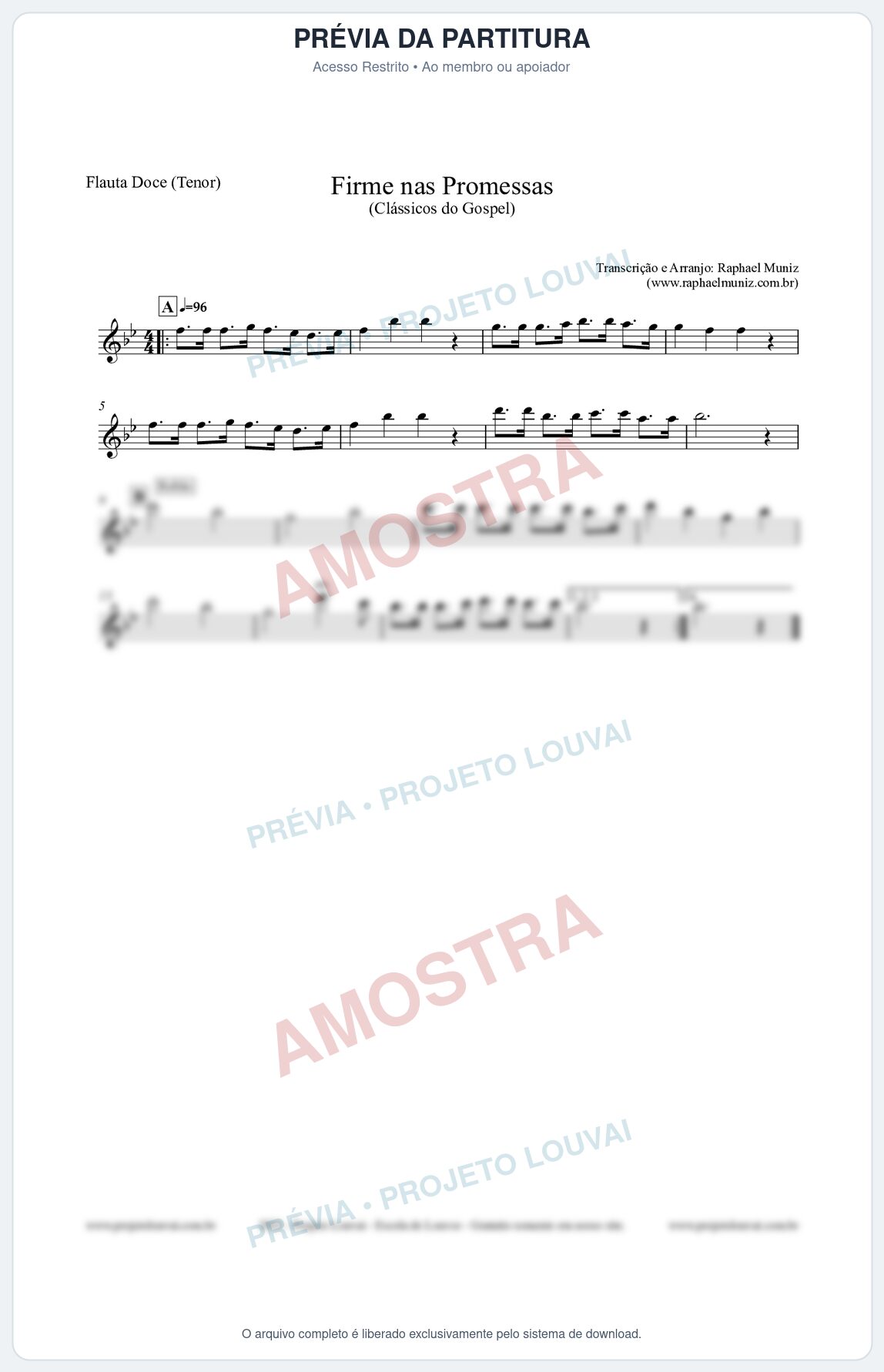 Prévia protegida da primeira página da partitura Partitura para Flauta Doce (Tenor) - Firme nas Promessas - Harpa Cristã nº107 - Clássicos do Gospel