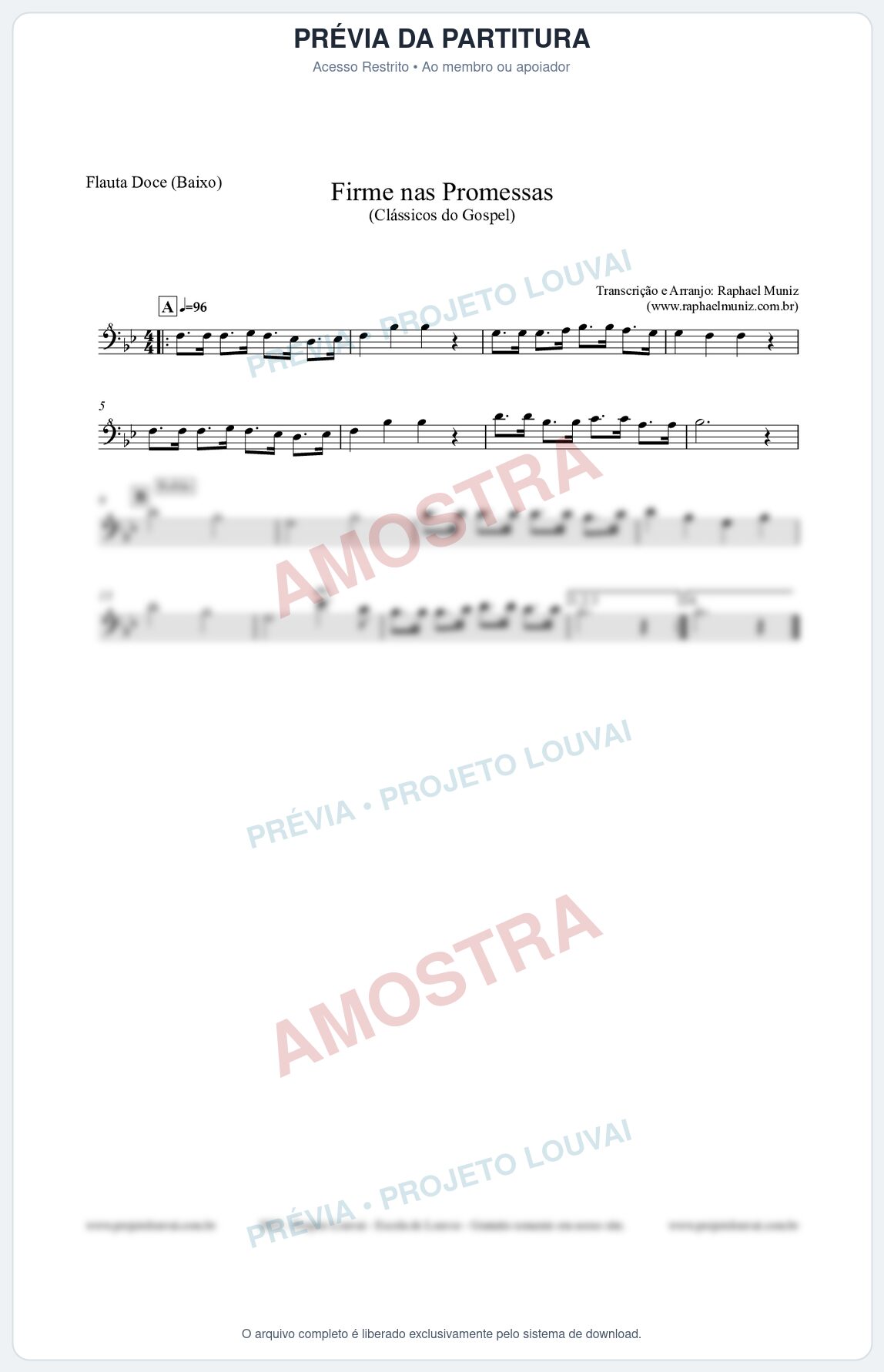 Prévia protegida da primeira página da partitura Partitura para Flauta Doce (Baixo) - Firme nas Promessas - Harpa Cristã nº107 - Clássicos do Gospel