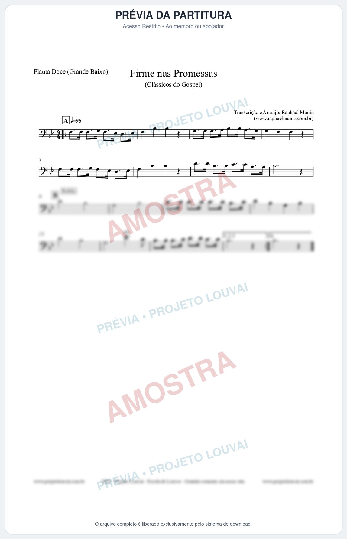 Prévia protegida da primeira página da partitura Partitura para Flauta Doce (Grande Baixo) - Firme nas Promessas - Harpa Cristã nº107 - Clássicos do Gospel