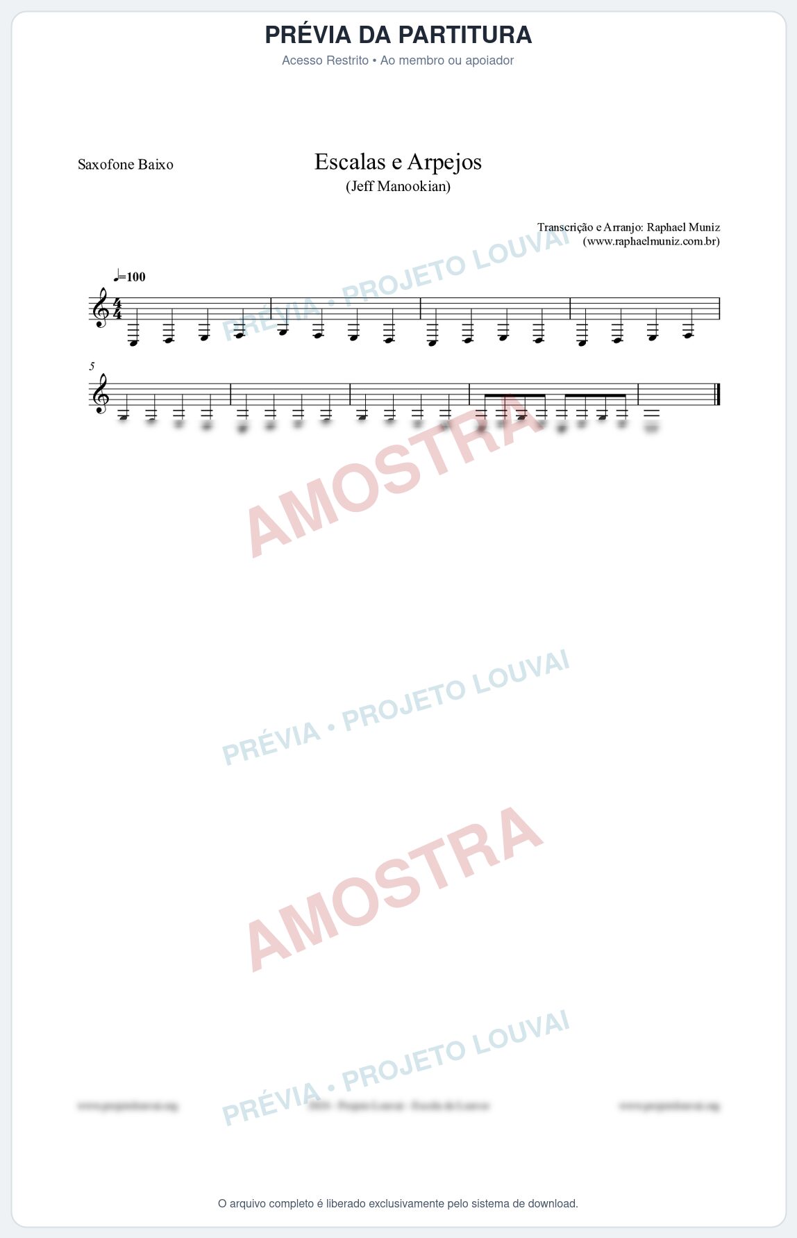 Prévia protegida da primeira página da partitura Partitura para Saxofone Baixo - Escalas e Arpejos - Jeff Manookian