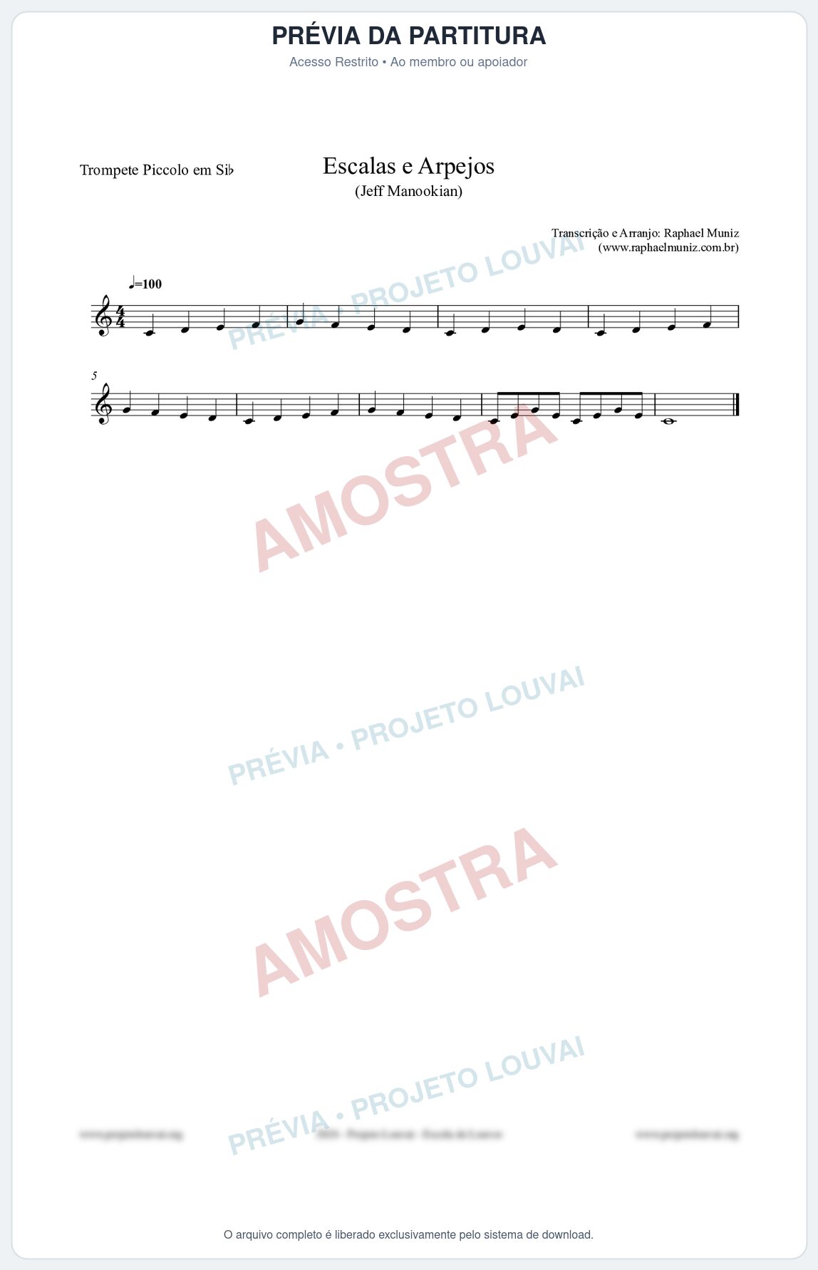 Prévia protegida da primeira página da partitura Partitura para Trompete Piccolo em Sib - Escalas e Arpejos - Jeff Manookian