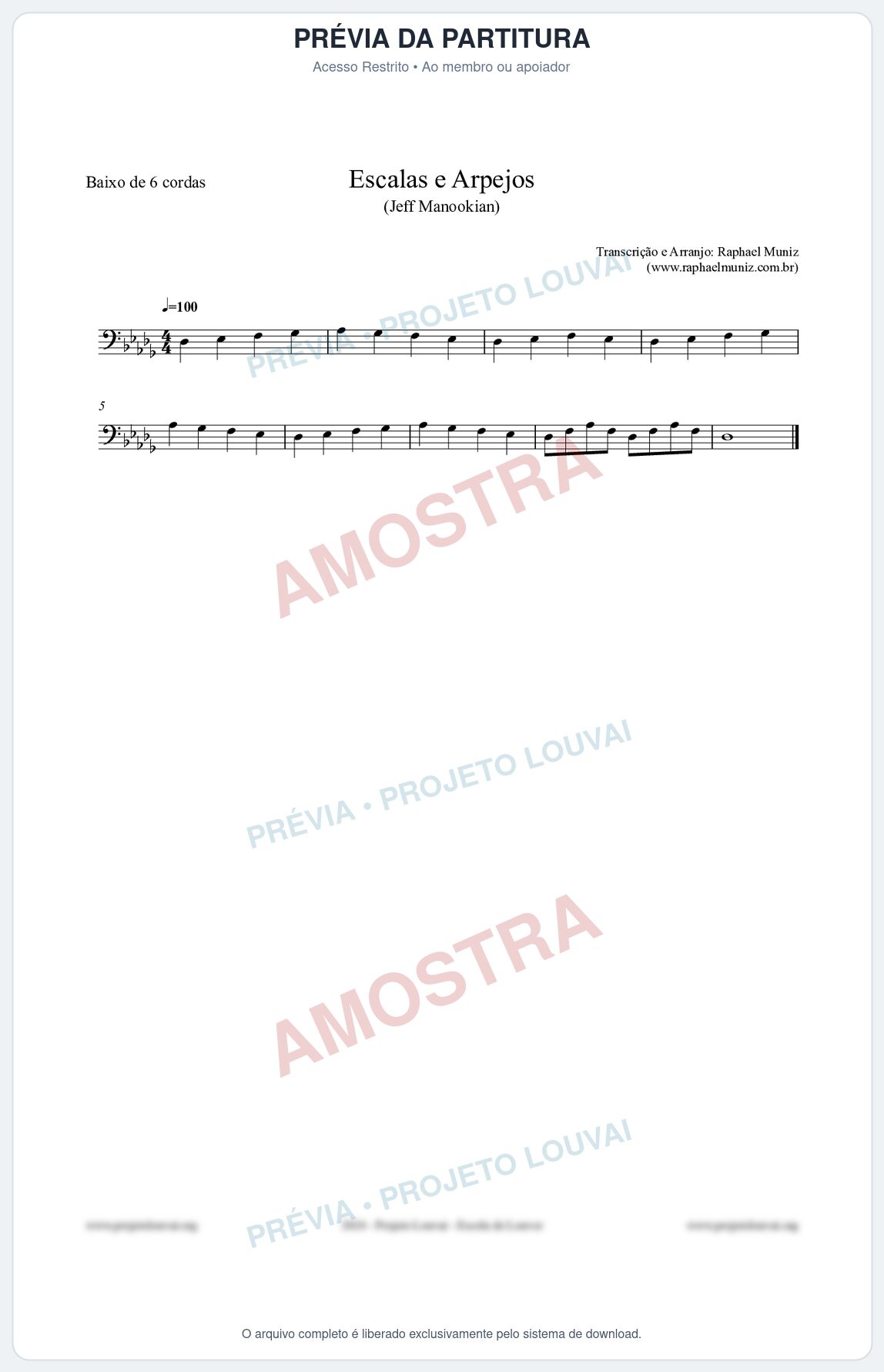 Prévia protegida da primeira página da partitura Partitura para Baixo de 6 cordas - Escalas e Arpejos - Jeff Manookian