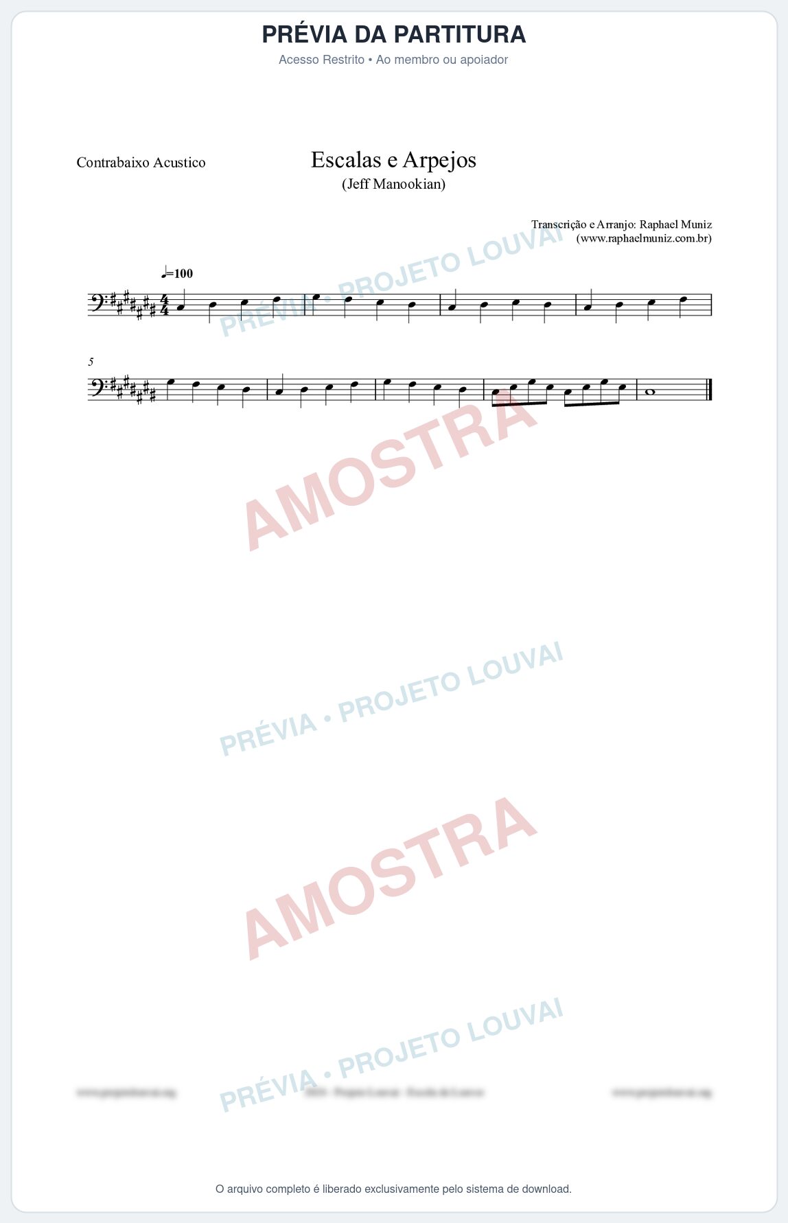 Prévia protegida da primeira página da partitura Partitura para Contrabaixo Acústico - Escalas e Arpejos - Jeff Manookian