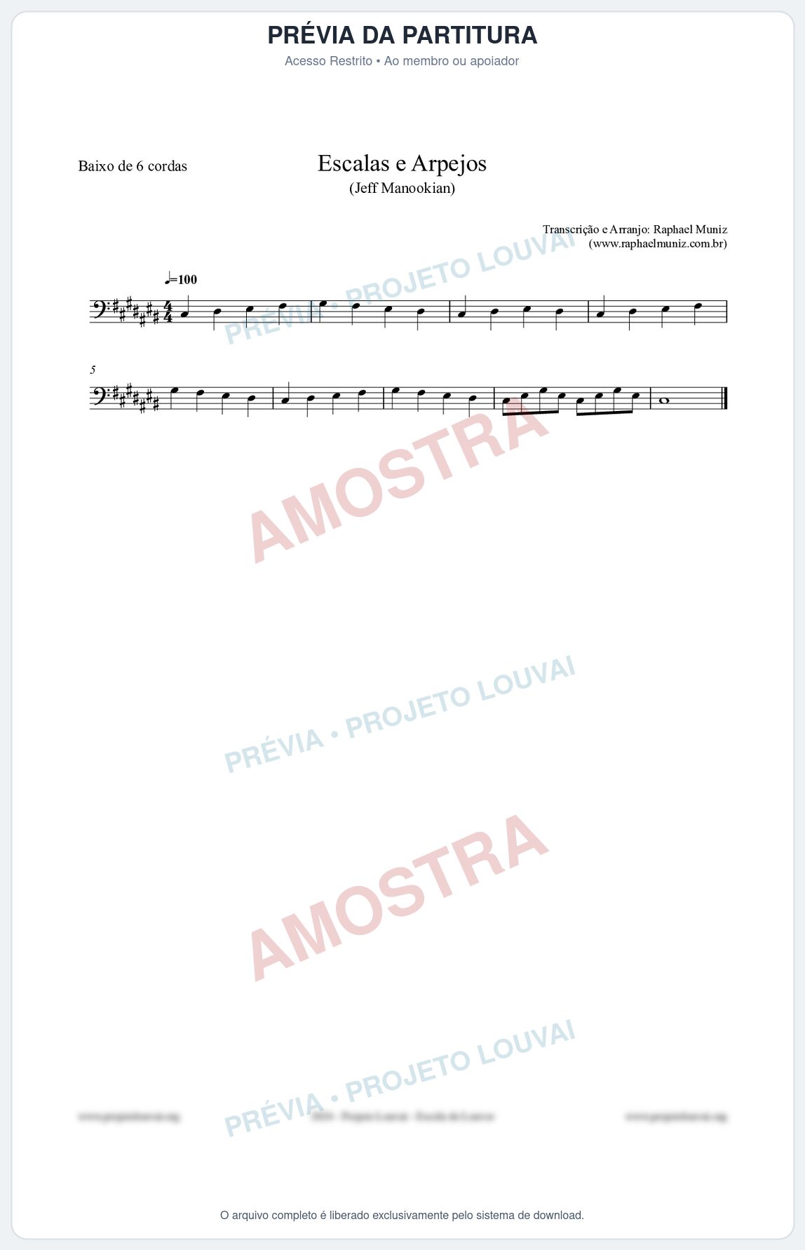 Prévia protegida da primeira página da partitura Partitura para Baixo de 6 cordas - Escalas e Arpejos - Jeff Manookian