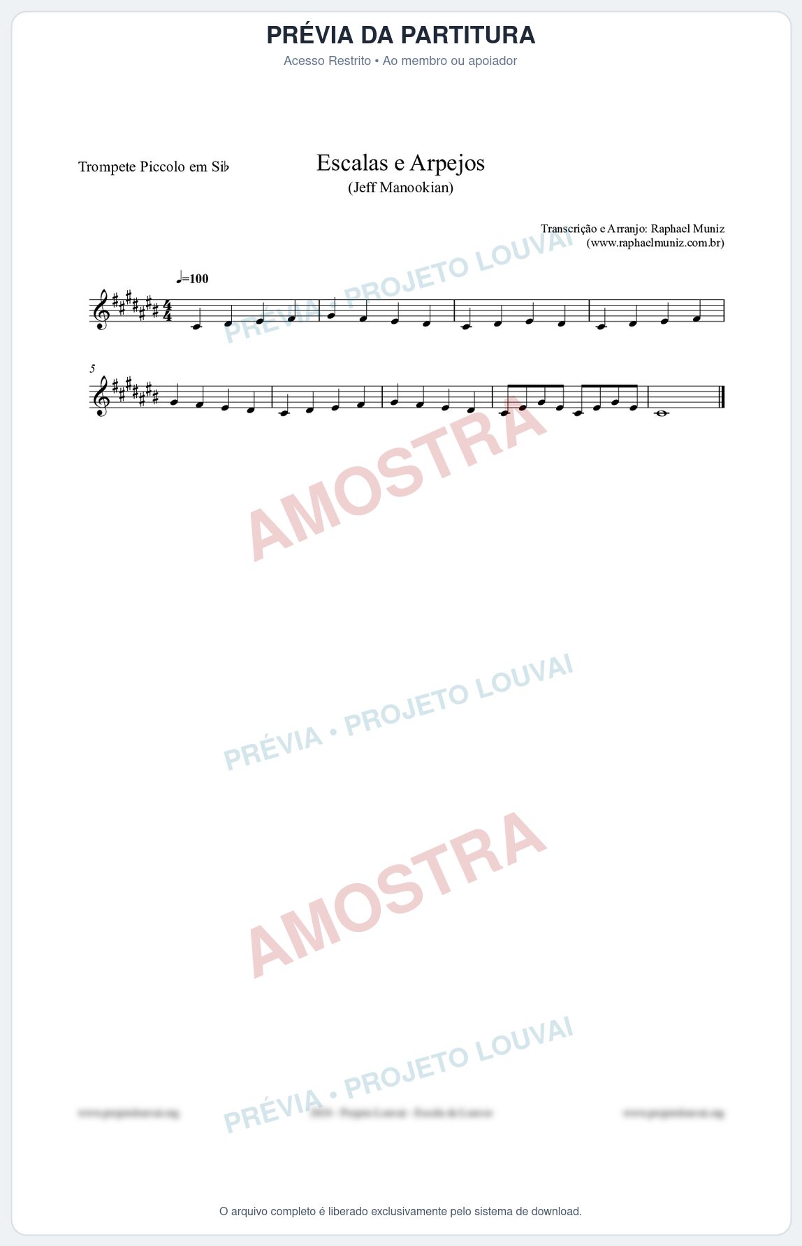 Prévia protegida da primeira página da partitura Partitura para Trompete Piccolo em Sib - Escalas e Arpejos - Jeff Manookian