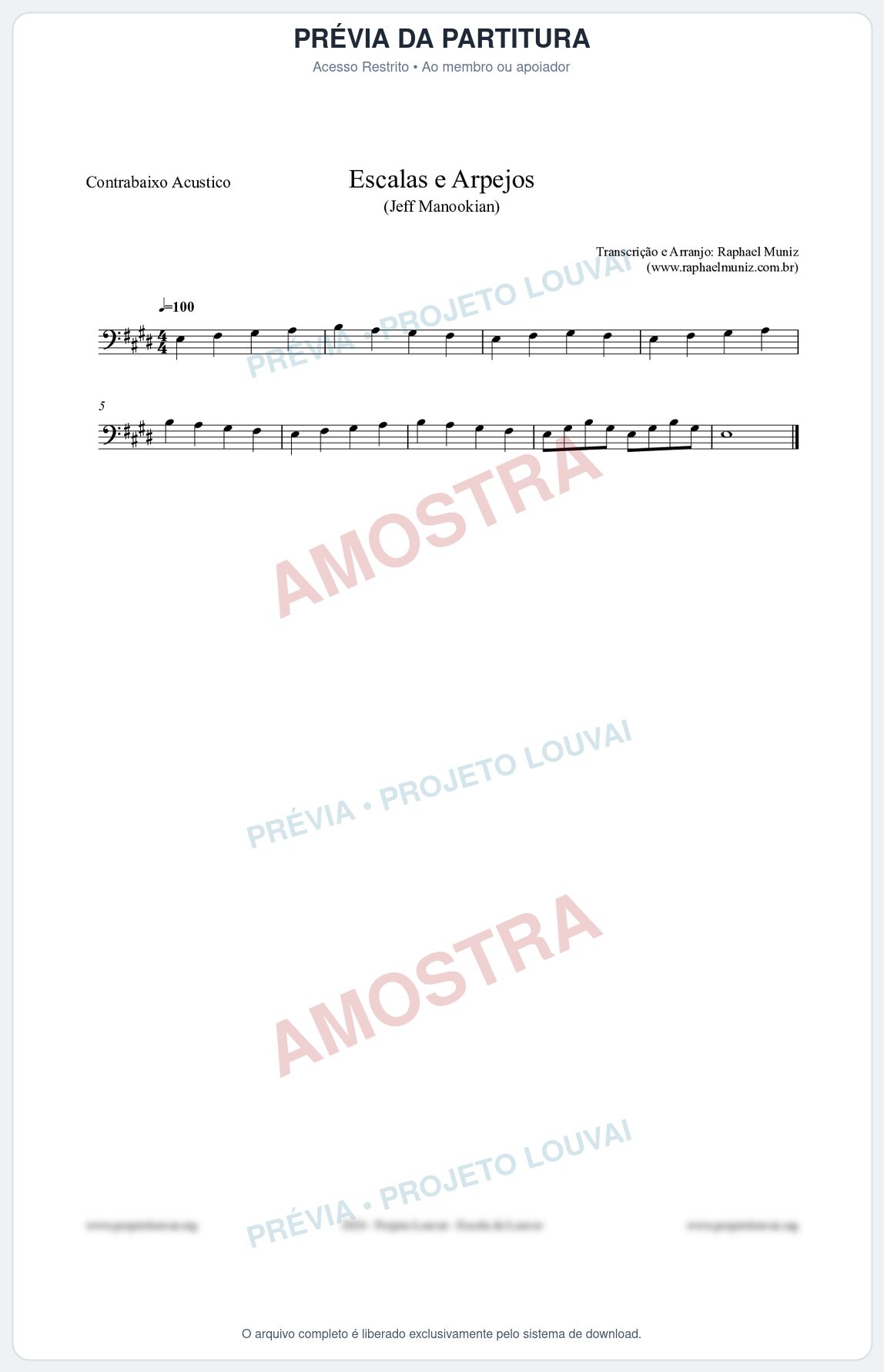Prévia protegida da primeira página da partitura Partitura para Contrabaixo Acústico - Escalas e Arpejos - Jeff Manookian