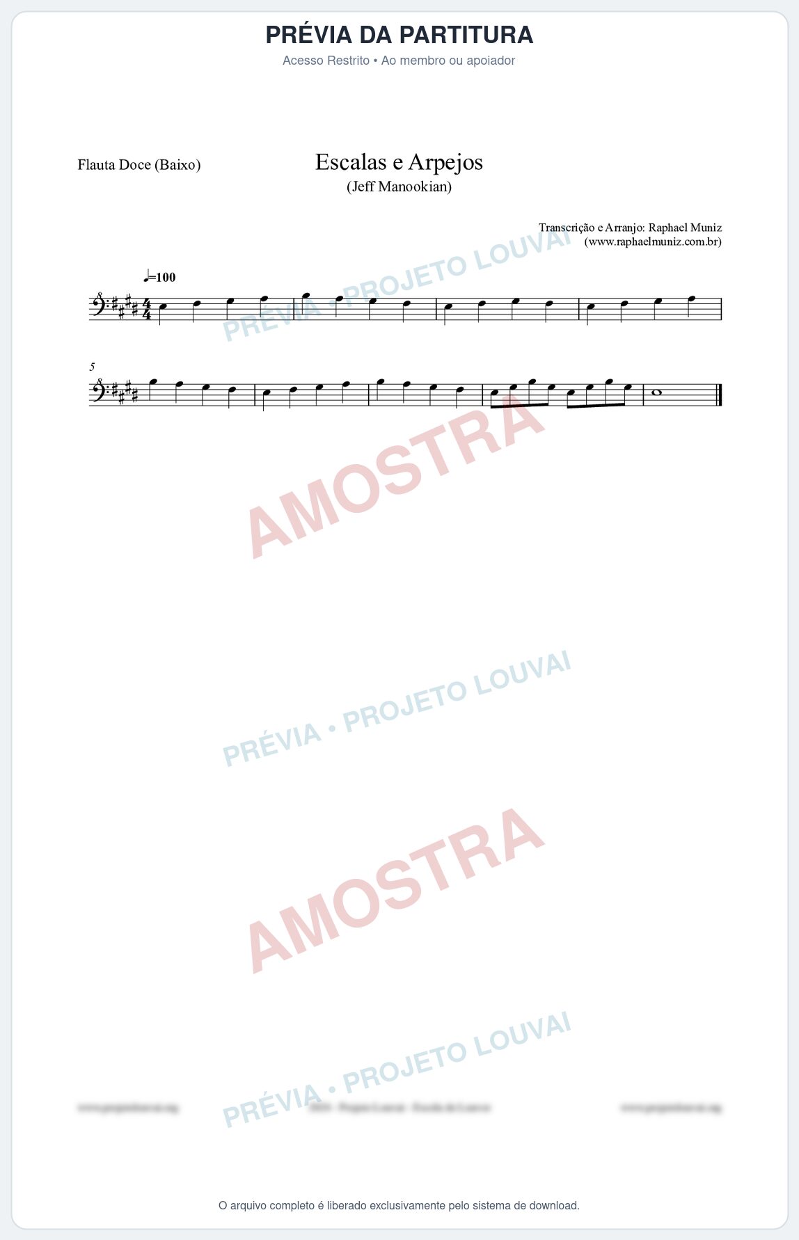 Prévia protegida da primeira página da partitura Partitura para Flauta Doce (Baixo) - Escalas e Arpejos - Jeff Manookian