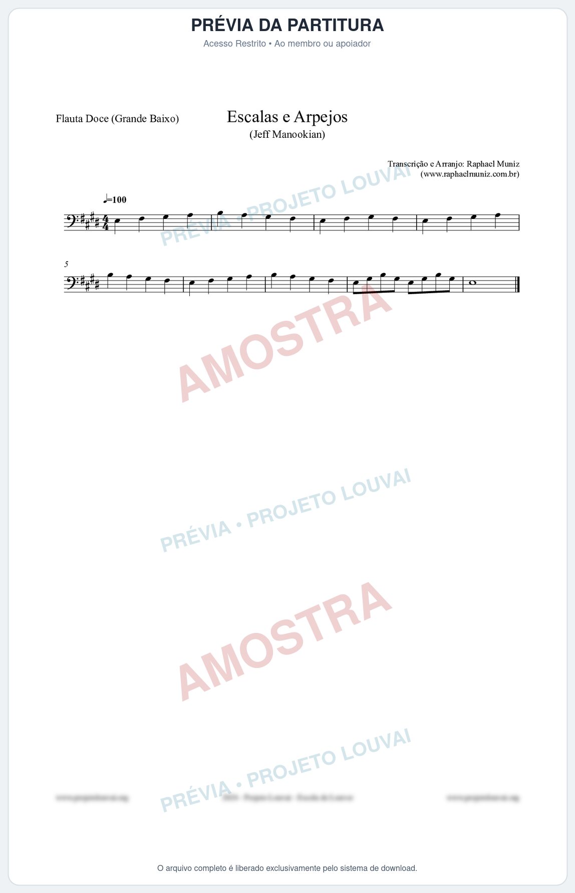 Prévia protegida da primeira página da partitura Partitura para Flauta Doce (Grande Baixo) - Escalas e Arpejos - Jeff Manookian