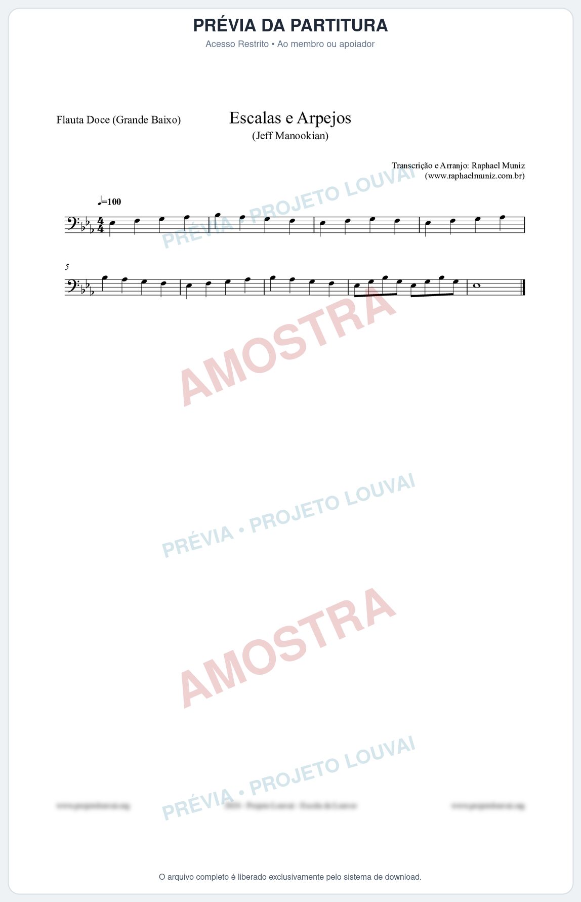Prévia protegida da primeira página da partitura Partitura para Flauta Doce (Grande Baixo) - Escalas e Arpejos - Jeff Manookian
