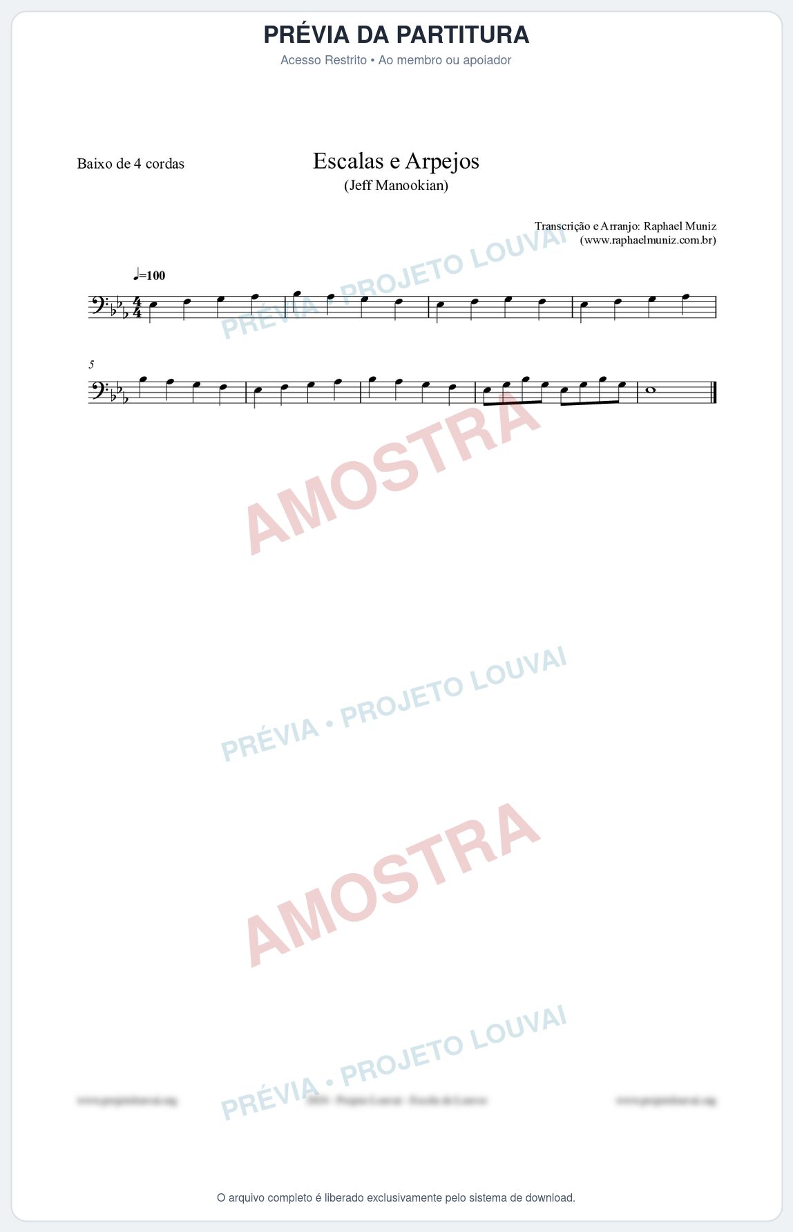 Prévia protegida da primeira página da partitura Partitura para Baixo de 4 cordas - Escalas e Arpejos - Jeff Manookian