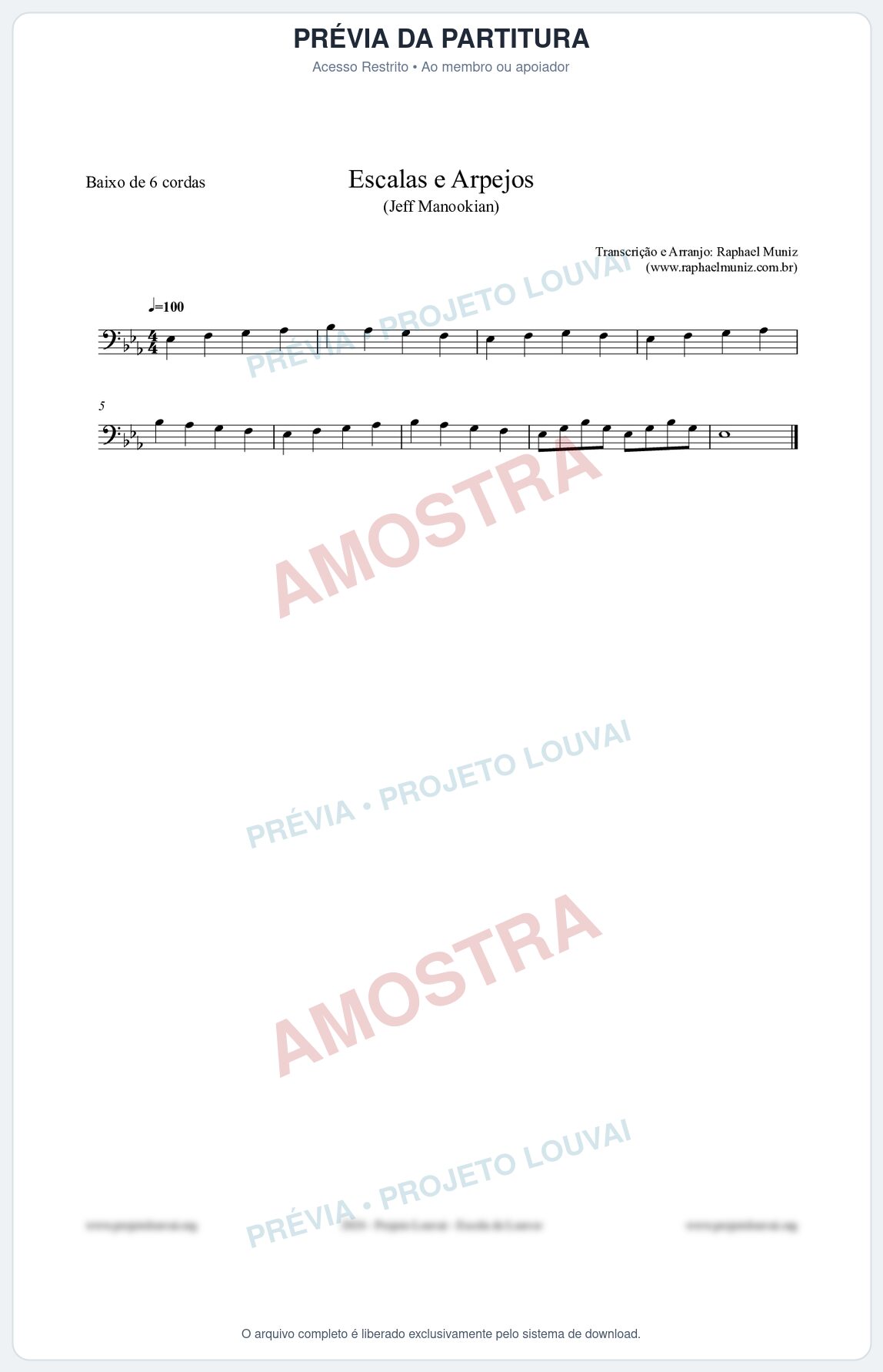 Prévia protegida da primeira página da partitura Partitura para Baixo de 6 cordas - Escalas e Arpejos - Jeff Manookian