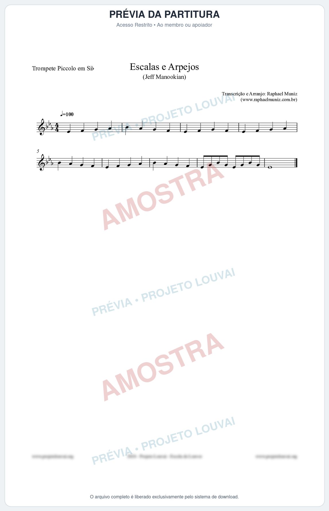 Prévia protegida da primeira página da partitura Partitura para Trompete Piccolo em Sib - Escalas e Arpejos - Jeff Manookian
