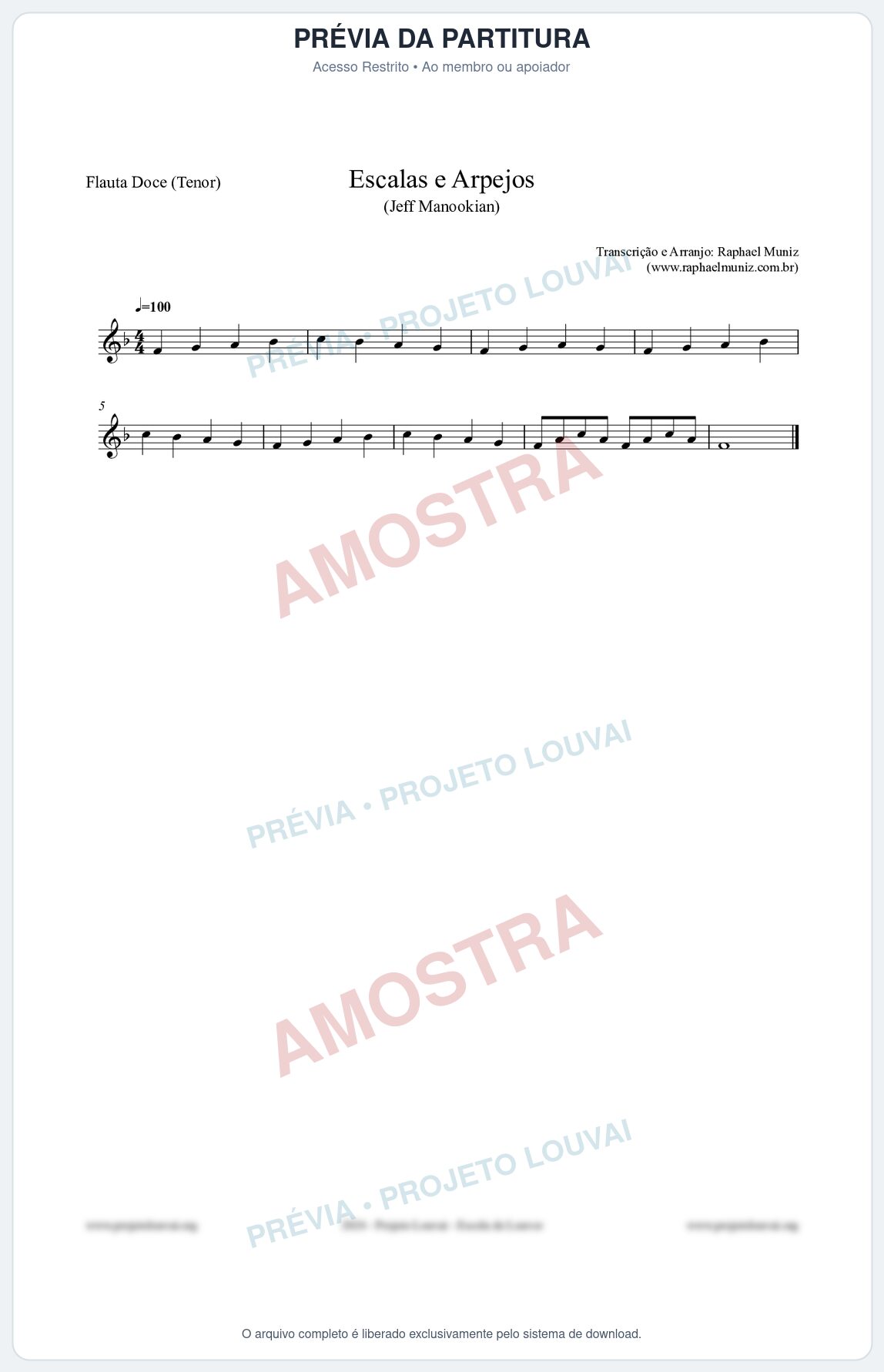 Prévia protegida da primeira página da partitura Partitura para Flauta Doce (Tenor) - Escalas e Arpejos - Jeff Manookian