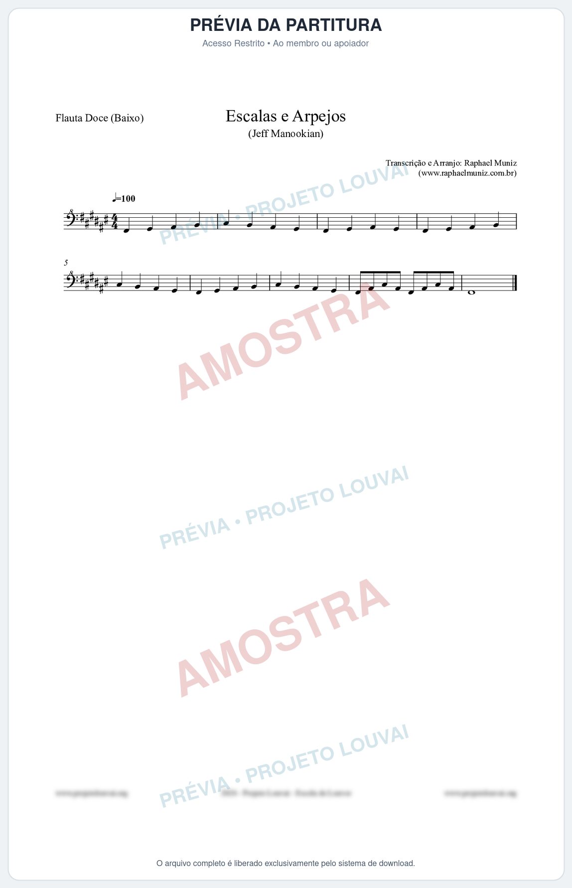 Prévia protegida da primeira página da partitura Partitura para Flauta Doce (Baixo) - Escalas e Arpejos - Jeff Manookian