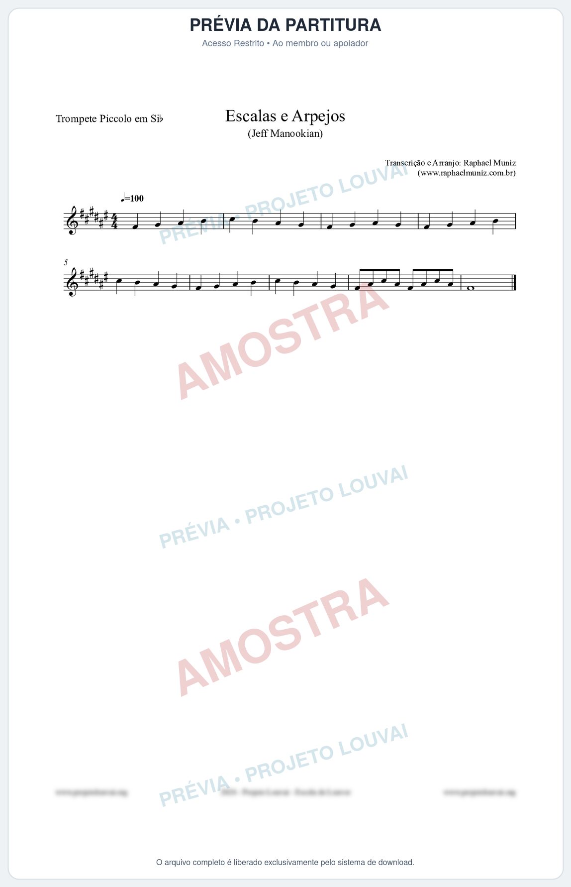Prévia protegida da primeira página da partitura Partitura para Trompete Piccolo em Sib - Escalas e Arpejos - Jeff Manookian