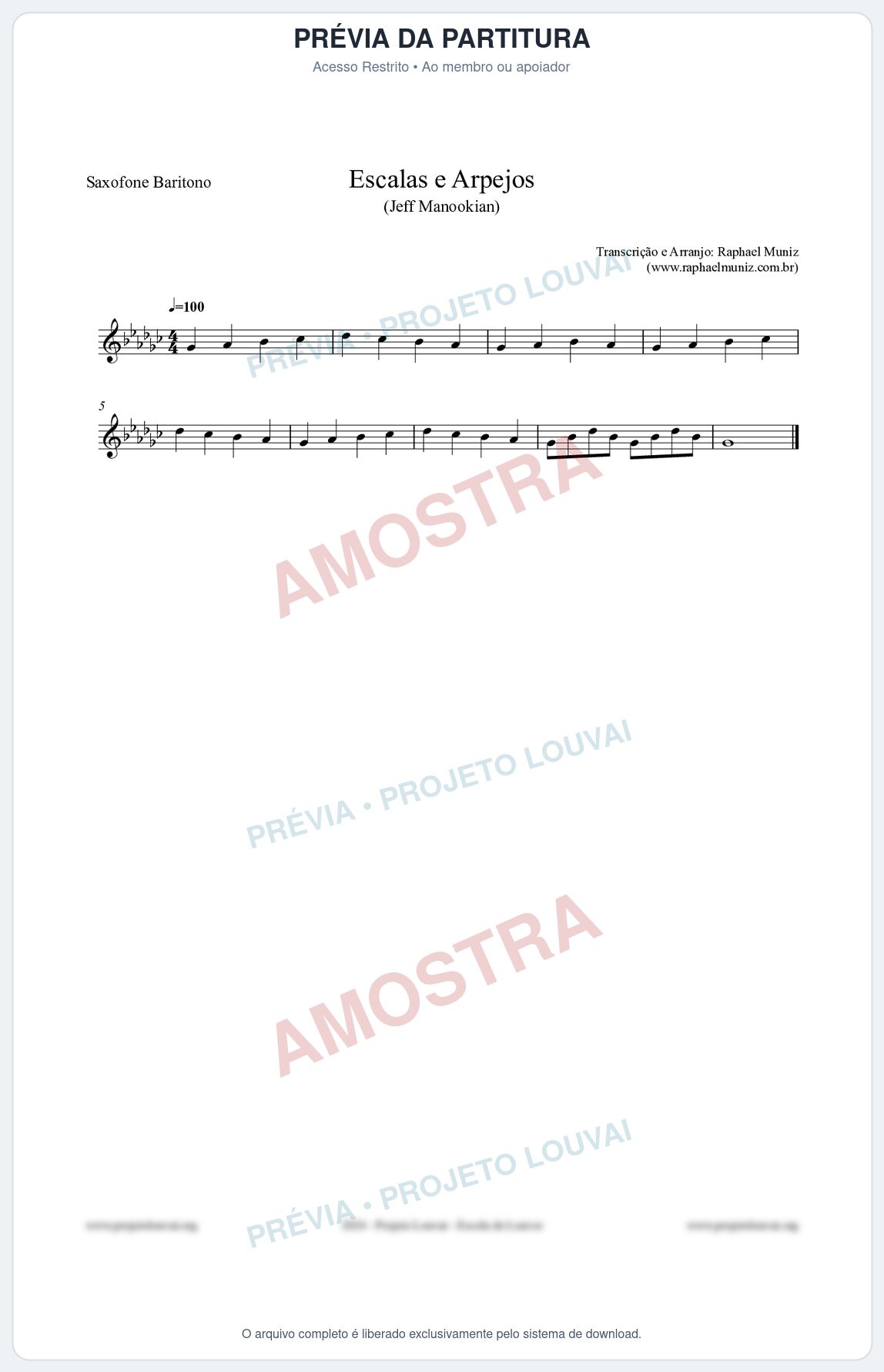 Prévia protegida da primeira página da partitura Partitura para Saxofone Barítono - Escalas e Arpejos - Jeff Manookian
