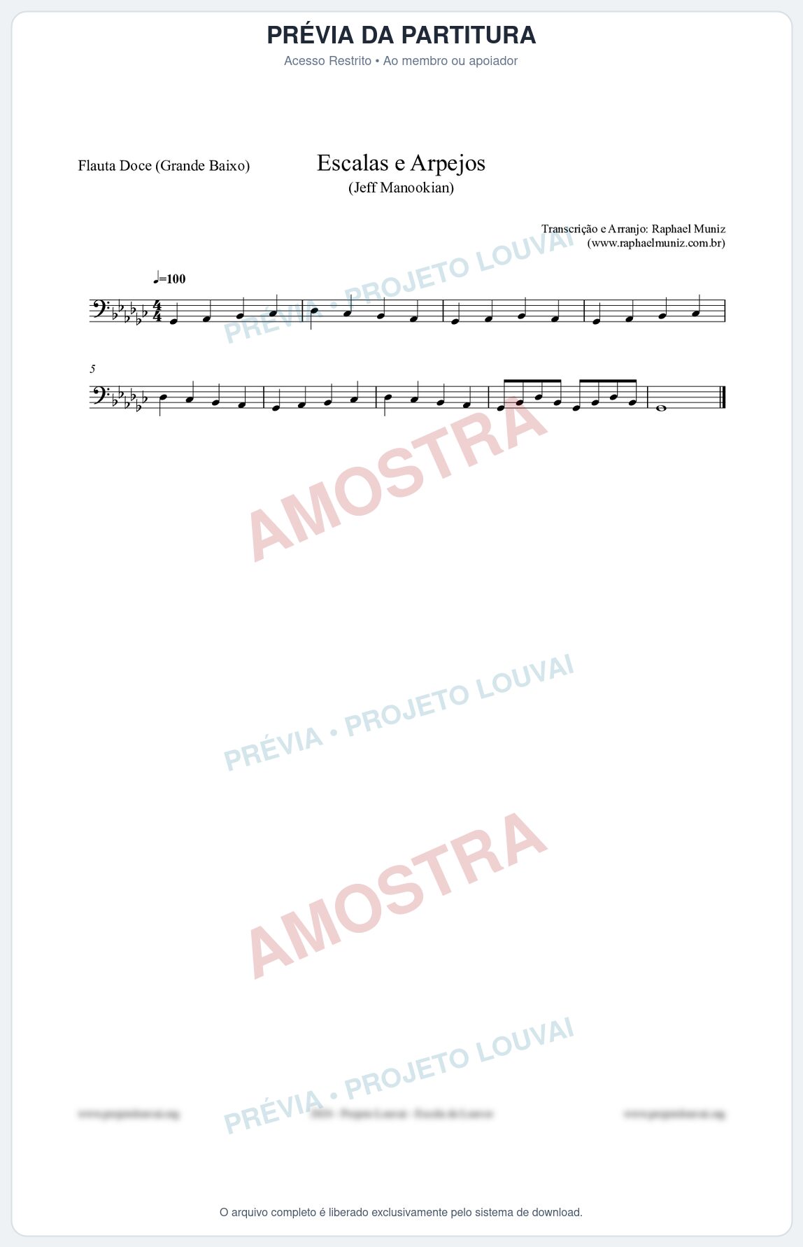 Prévia protegida da primeira página da partitura Partitura para Flauta Doce (Grande Baixo) - Escalas e Arpejos - Jeff Manookian
