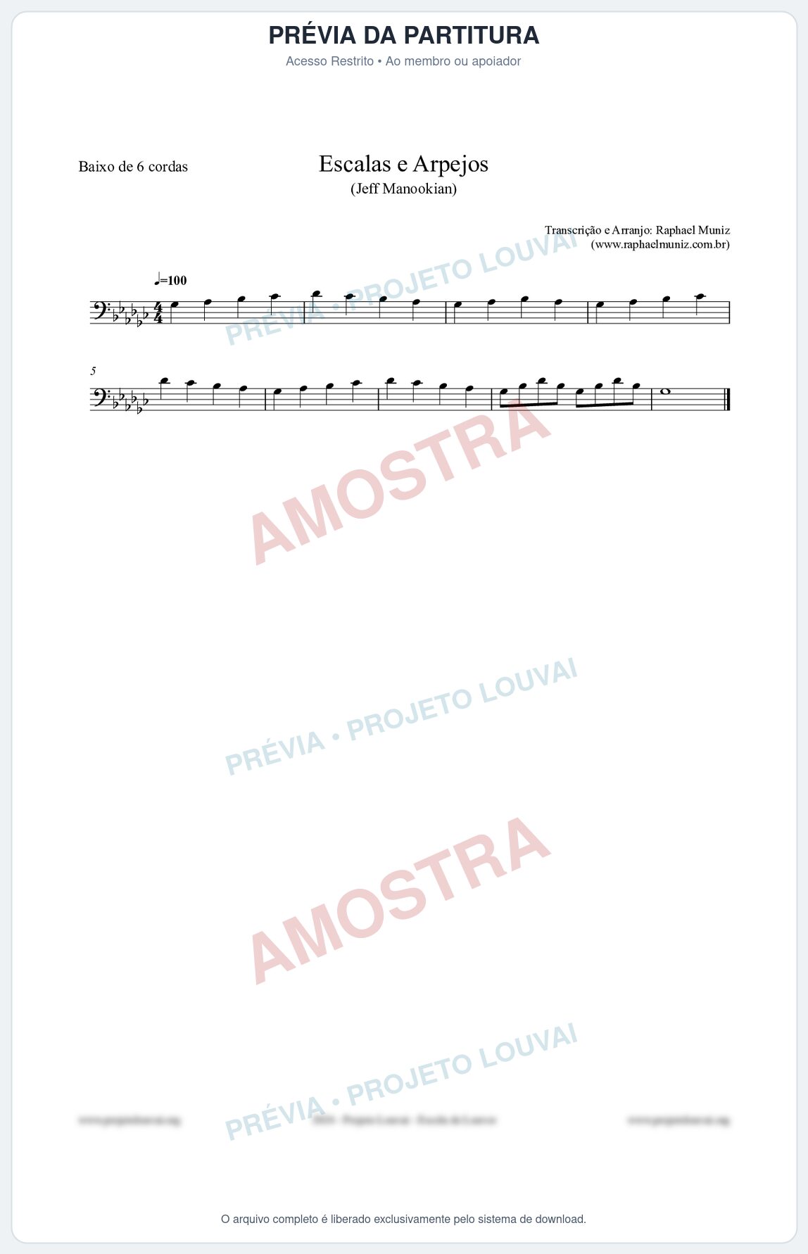 Prévia protegida da primeira página da partitura Partitura para Baixo de 6 cordas - Escalas e Arpejos - Jeff Manookian