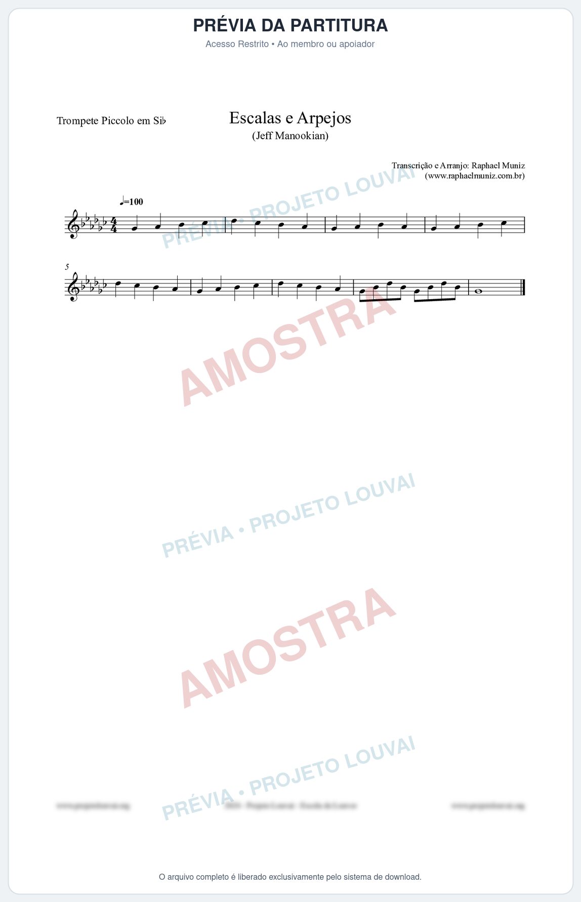 Prévia protegida da primeira página da partitura Partitura para Trompete Piccolo em Sib - Escalas e Arpejos - Jeff Manookian