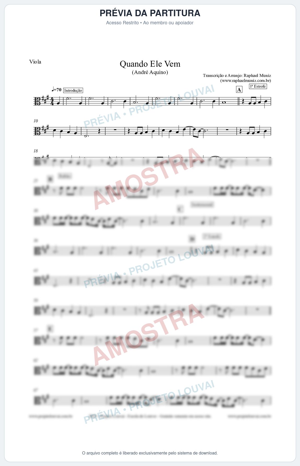 Prévia protegida da primeira página da partitura Partitura para Viola - Quando Ele Vem - André Aquino