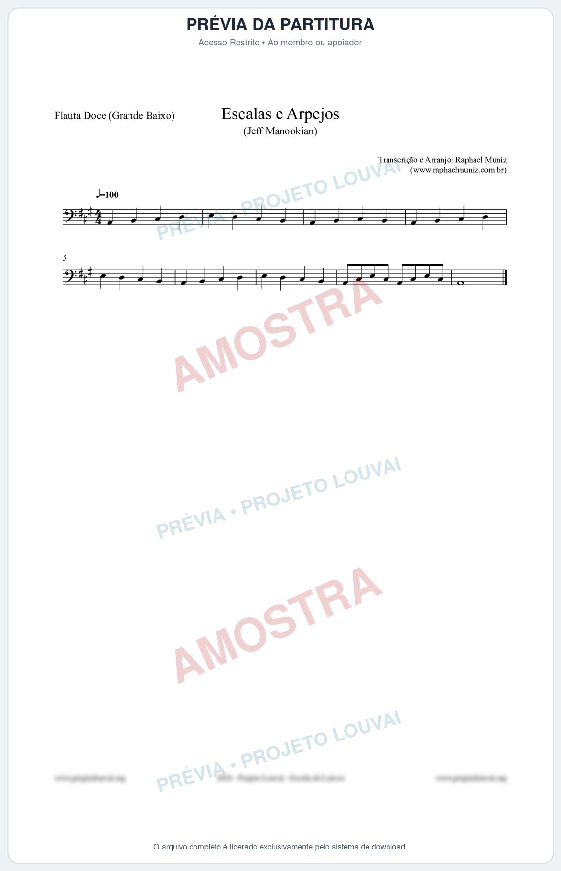 Prévia protegida da primeira página da partitura Partitura para Flauta Doce (Grande Baixo) - Escalas e Arpejos - Jeff Manookian