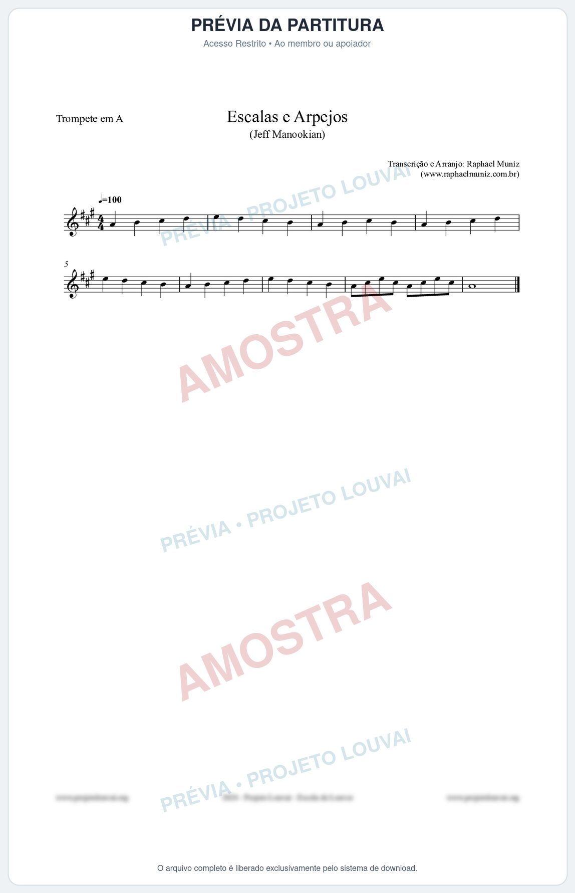 Prévia protegida da primeira página da partitura Partitura para Trompete em A - Escalas e Arpejos - Jeff Manookian