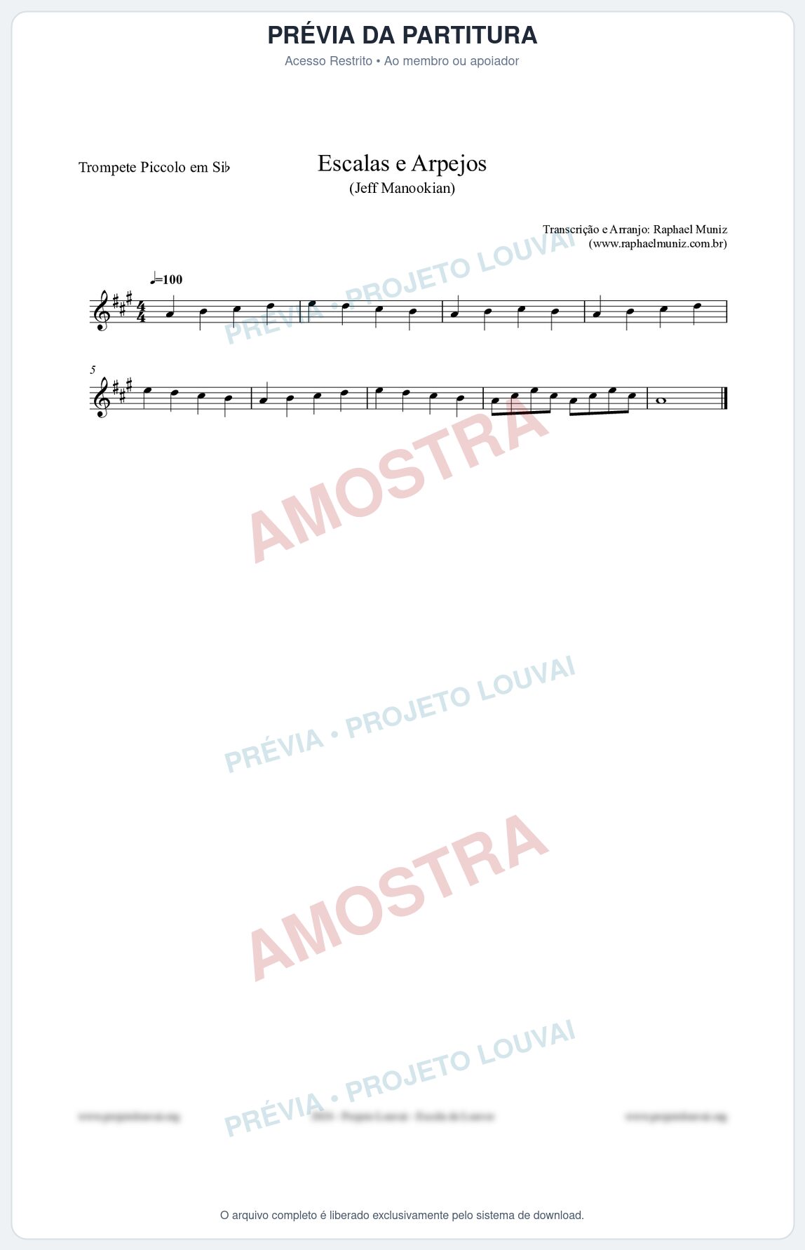 Prévia protegida da primeira página da partitura Partitura para Trompete Piccolo em Sib - Escalas e Arpejos - Jeff Manookian