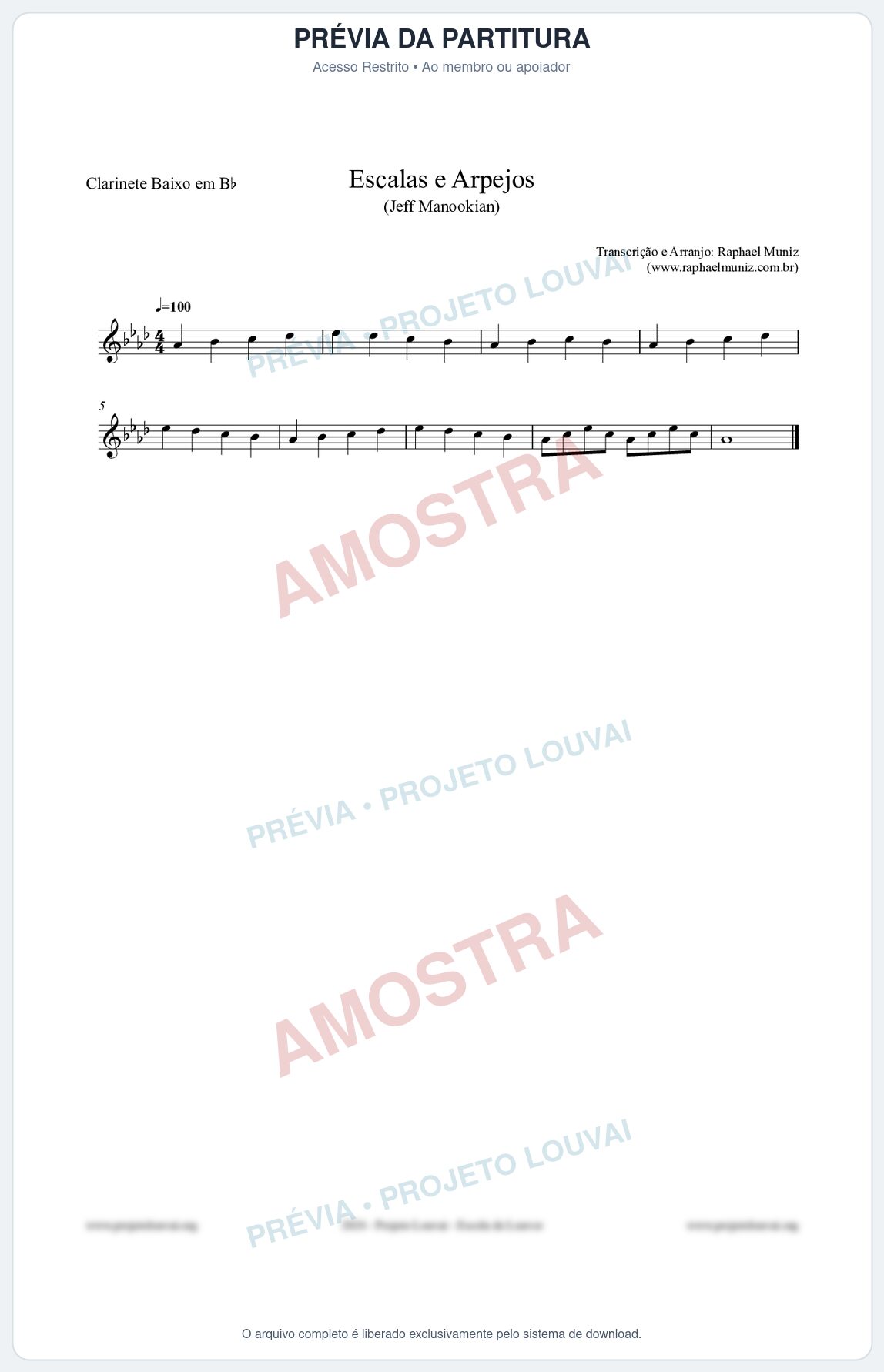 Prévia protegida da primeira página da partitura Partitura para Clarinete Baixo em Bb - Escalas e Arpejos - Jeff Manookian