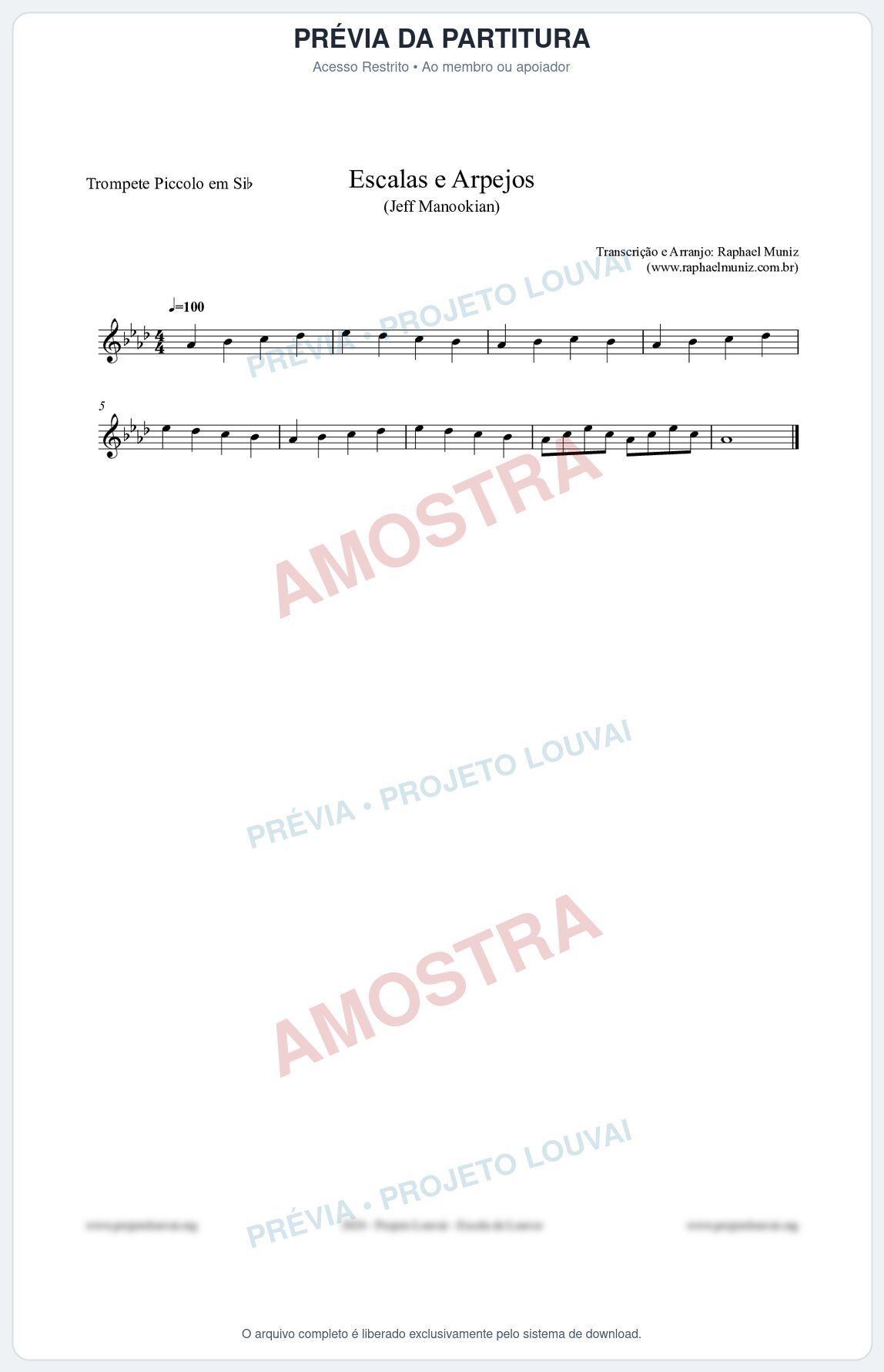 Prévia protegida da primeira página da partitura Partitura para Trompete Piccolo em Sib - Escalas e Arpejos - Jeff Manookian