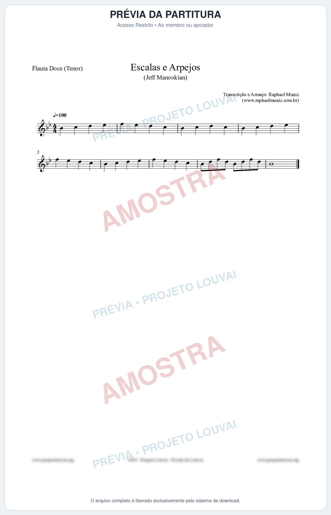 Prévia protegida da primeira página da partitura Partitura para Flauta Doce (Tenor) - Escalas e Arpejos - Jeff Manookian