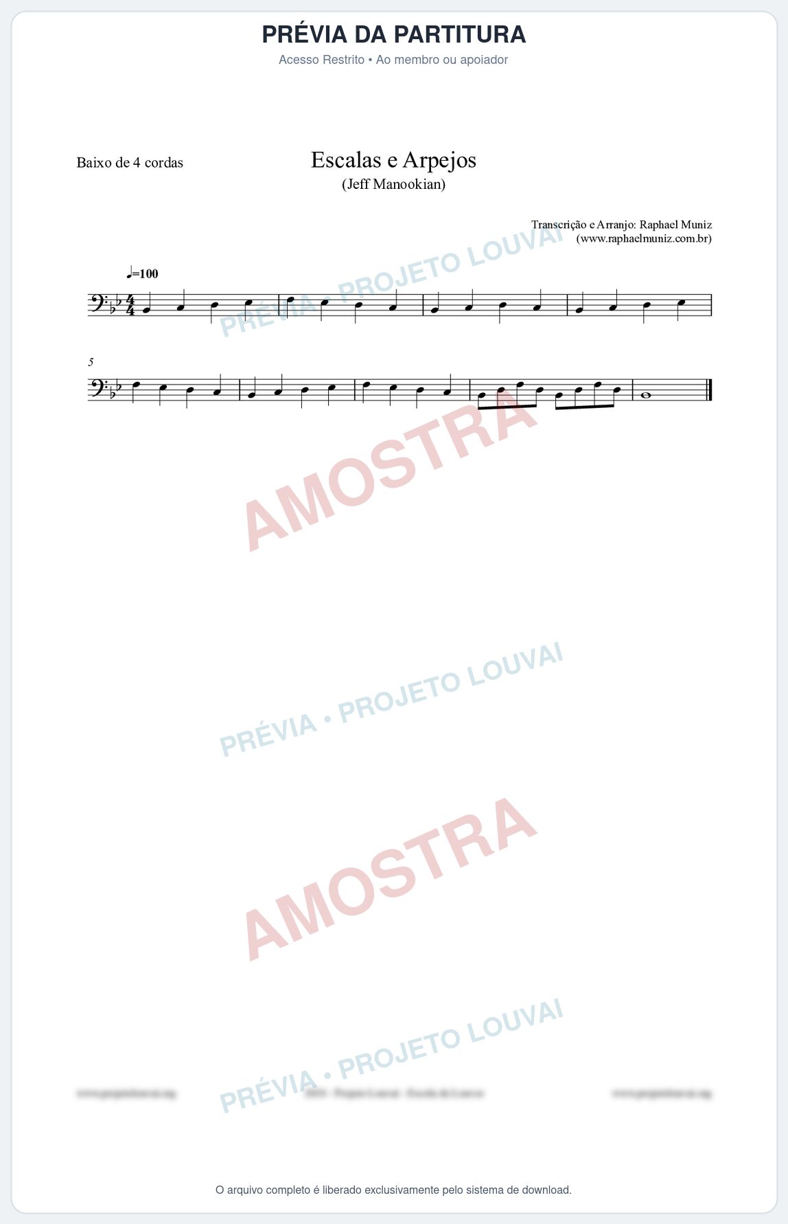 Prévia protegida da primeira página da partitura Partitura para Baixo de 4 cordas - Escalas e Arpejos - Jeff Manookian