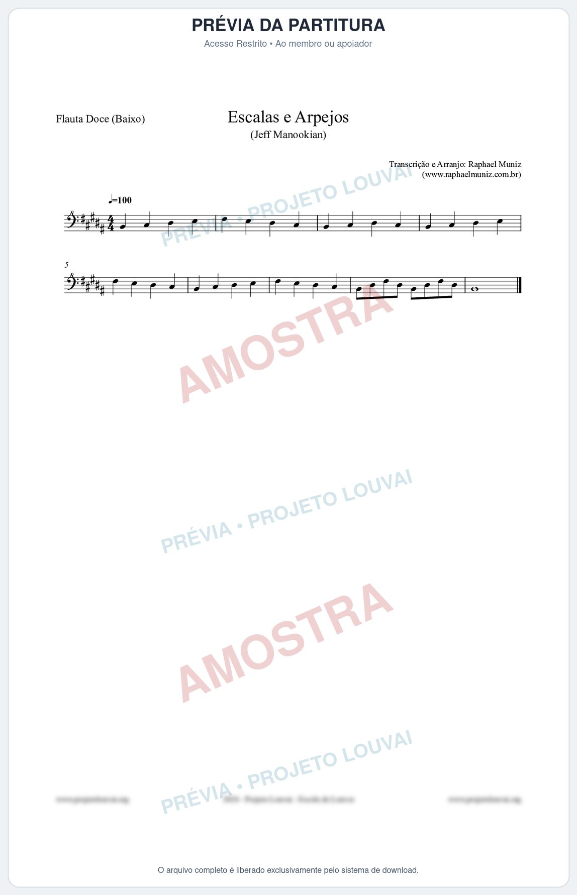 Prévia protegida da primeira página da partitura Partitura para Flauta Doce (Baixo) - Escalas e Arpejos - Jeff Manookian