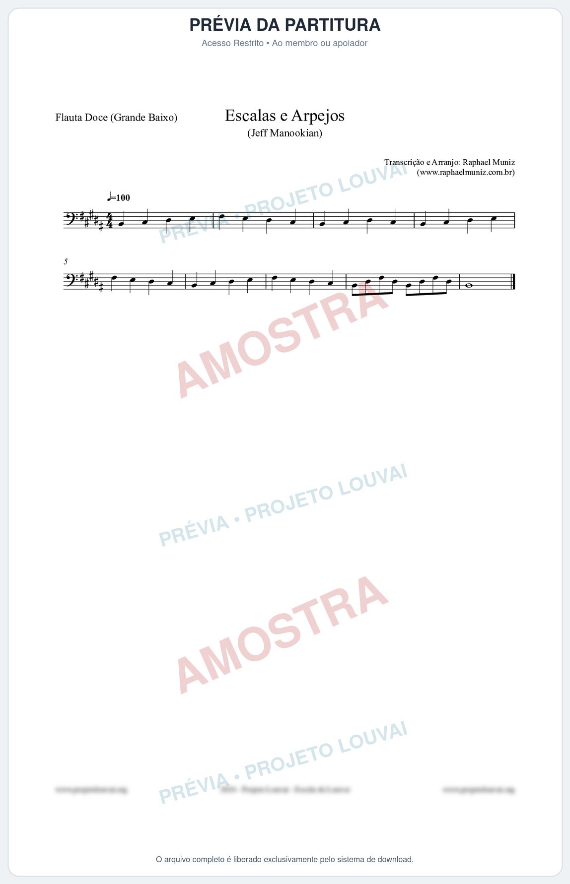 Prévia protegida da primeira página da partitura Partitura para Flauta Doce (Grande Baixo) - Escalas e Arpejos - Jeff Manookian