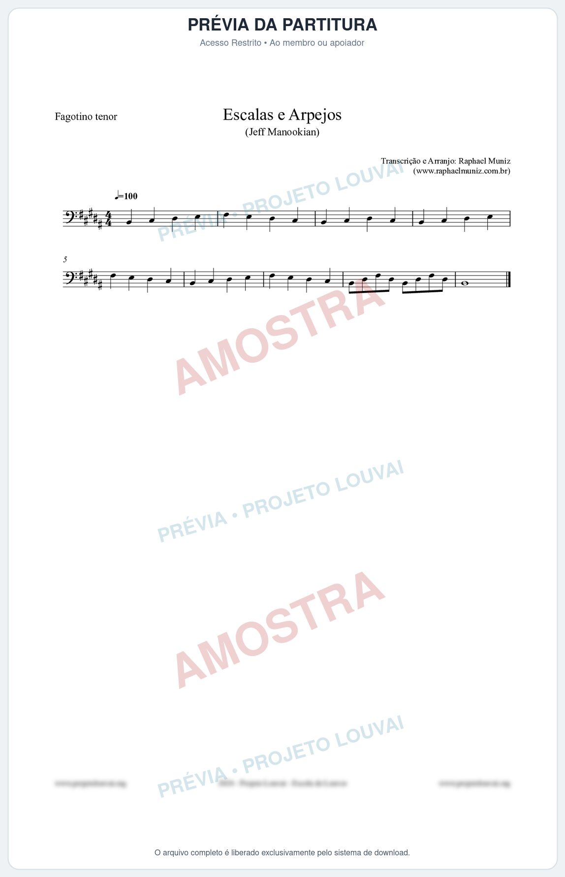 Prévia protegida da primeira página da partitura Partitura para Fagotino tenor - Escalas e Arpejos - Jeff Manookian