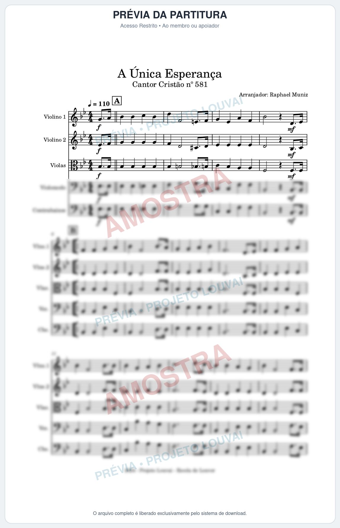 Prévia protegida da primeira página da partitura Partitura para Orquestra de Cordas - A Única Esperança - Cantor Cristão 581 - Clássicos do Gospel