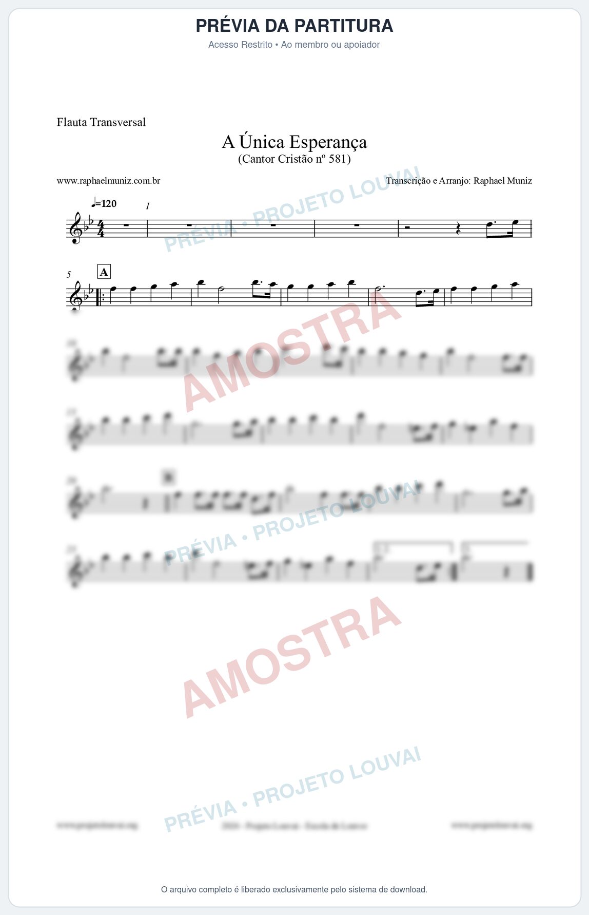 Prévia protegida da primeira página da partitura Partitura para Flauta Transversal - A Única Esperança - Cantor Cristão 581 - Clássicos do Gospel