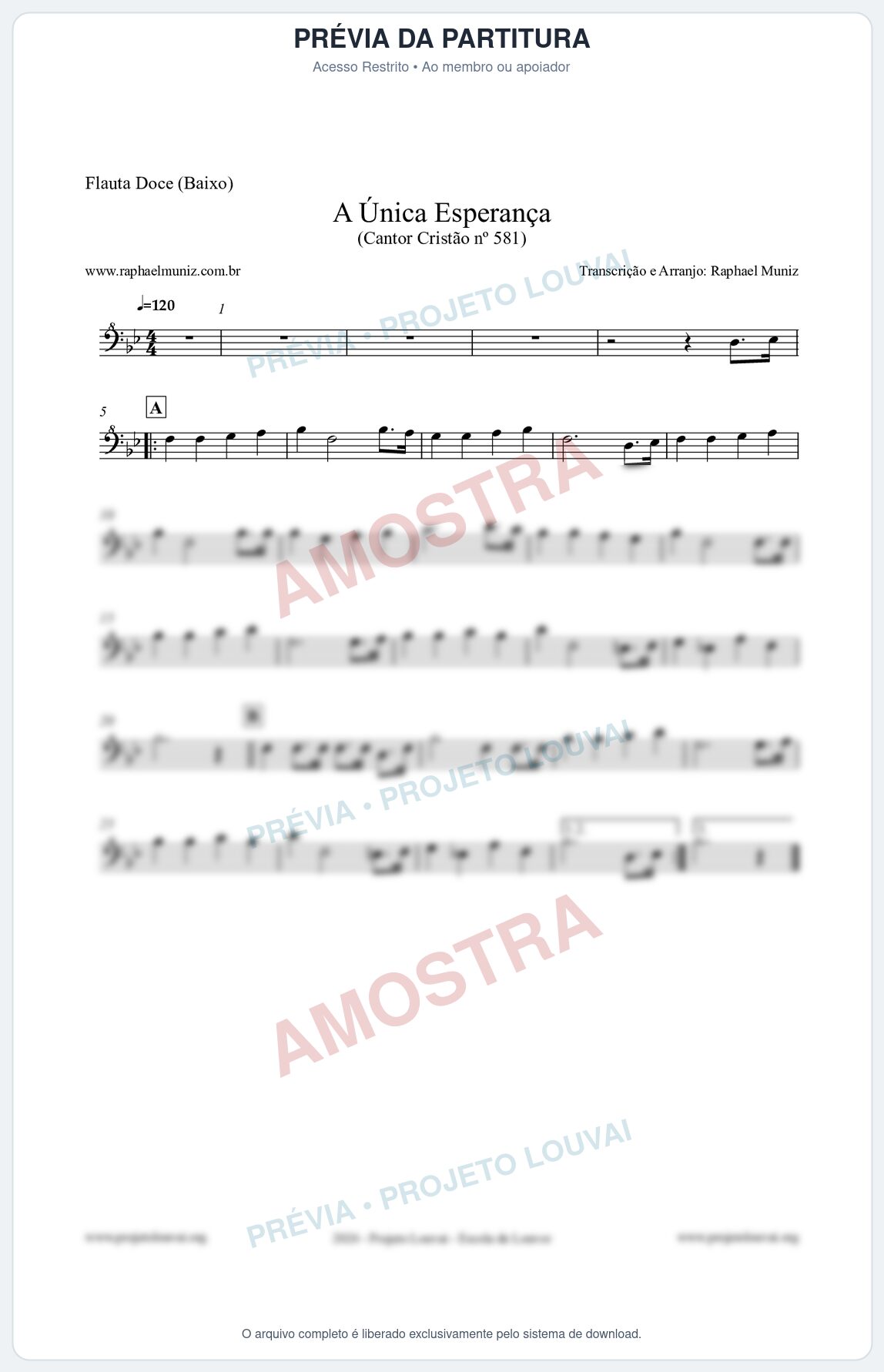 Prévia protegida da primeira página da partitura Partitura para Flauta Doce (Baixo) - A Única Esperança - Cantor Cristão 581 - Clássicos do Gospel