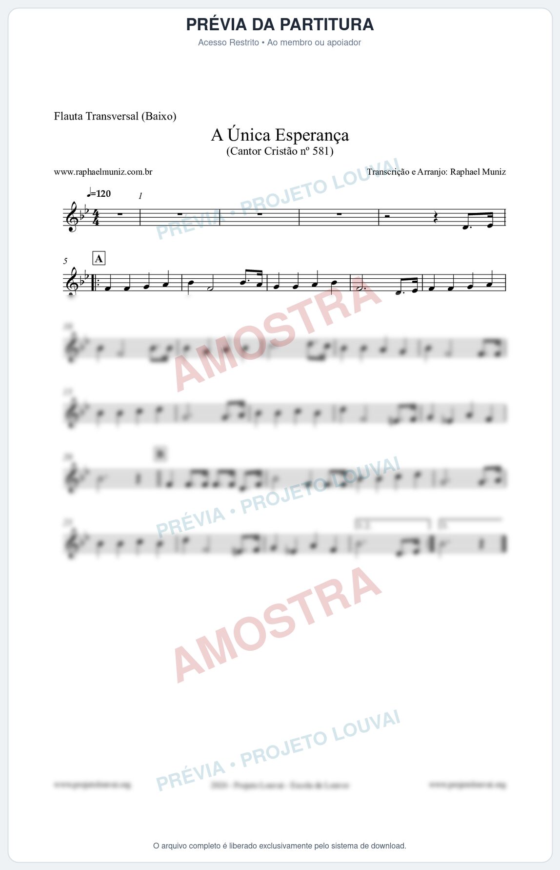 Prévia protegida da primeira página da partitura Partitura para Flauta Transversal (Baixo) - A Única Esperança - Cantor Cristão 581 - Clássicos do Gospel