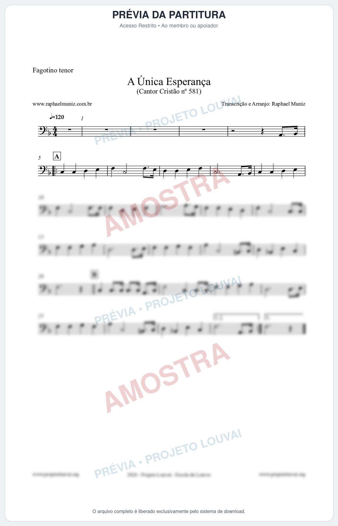 Prévia protegida da primeira página da partitura Partitura para Fagotino tenor - A Única Esperança - Cantor Cristão 581 - Clássicos do Gospel