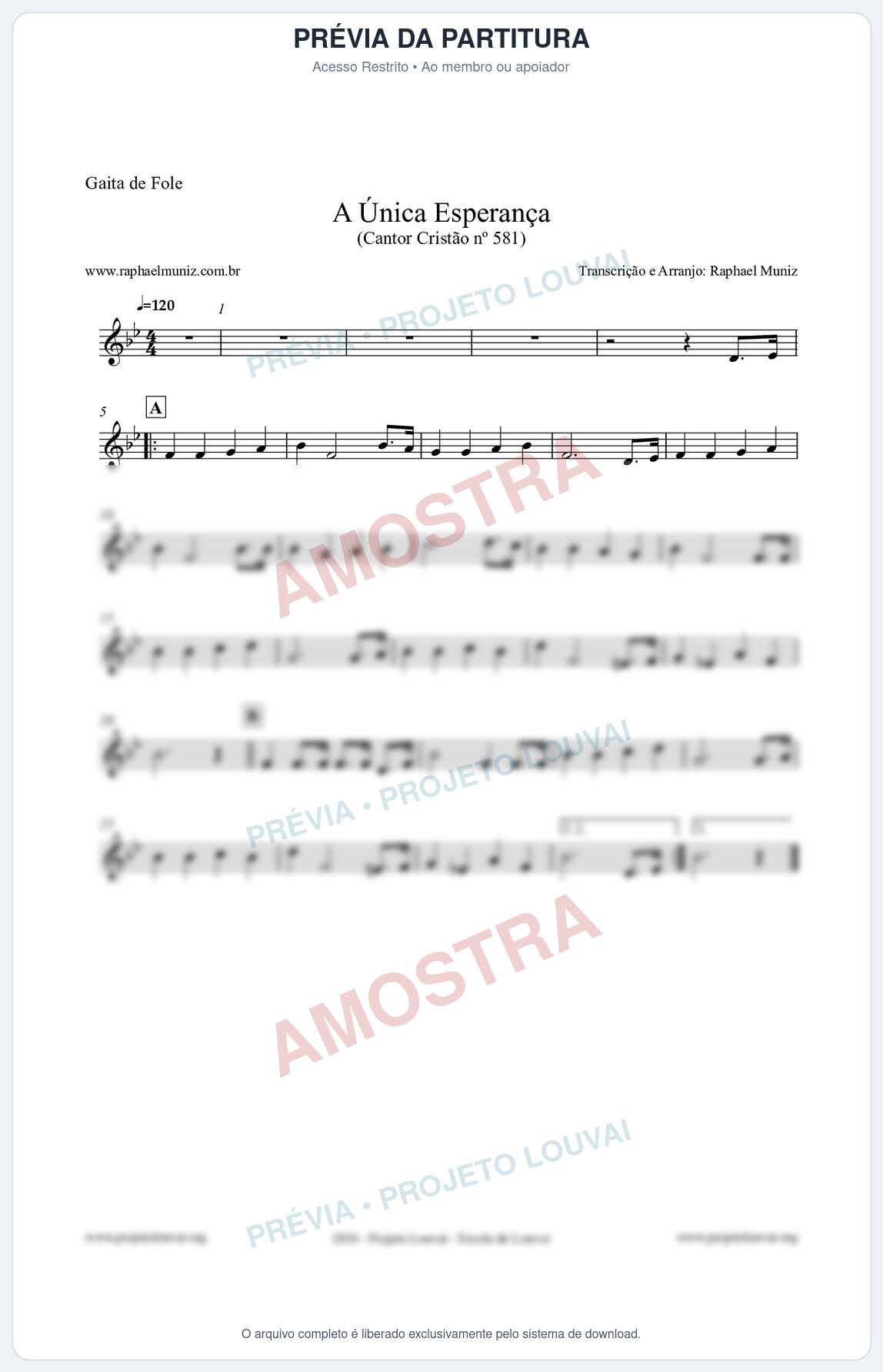 Prévia protegida da primeira página da partitura Partitura para Gaita de Fole - A Única Esperança - Cantor Cristão 581 - Clássicos do Gospel