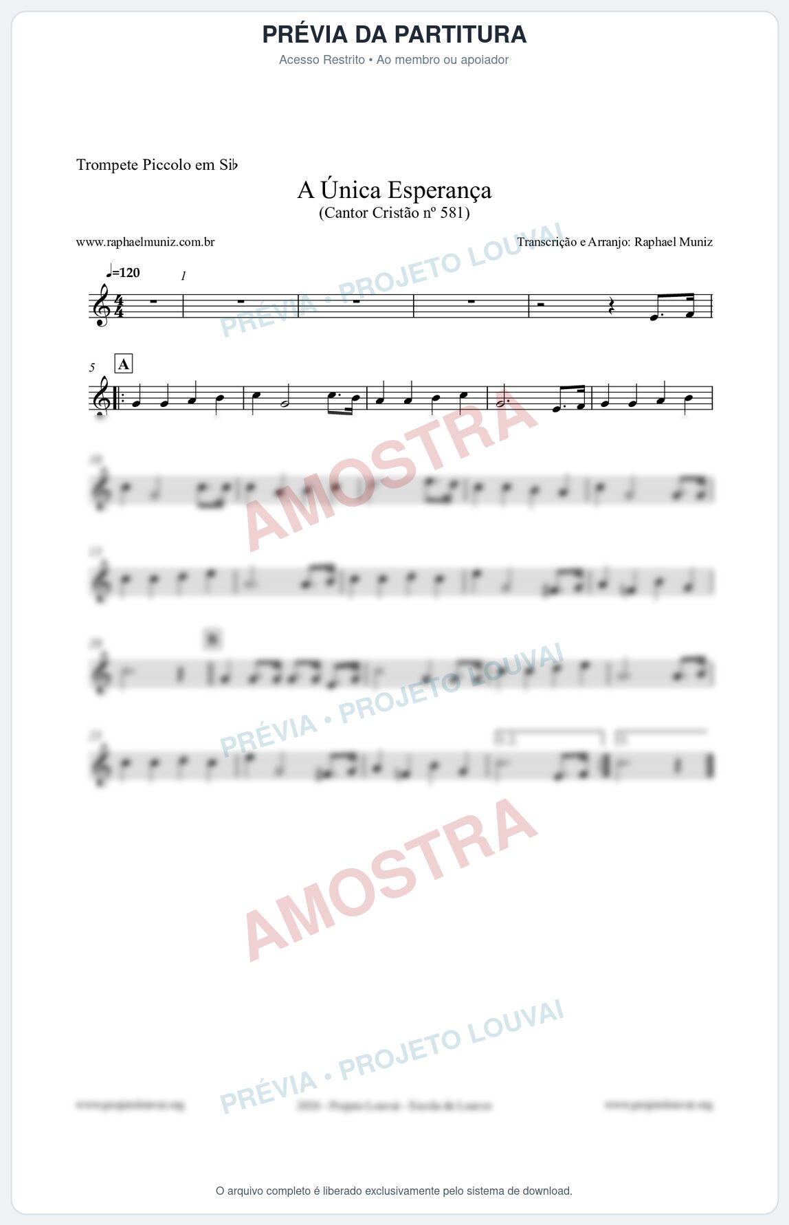 Prévia protegida da primeira página da partitura Partitura para Trompete Piccolo em Sib - A Única Esperança - Cantor Cristão 581 - Clássicos do Gospel