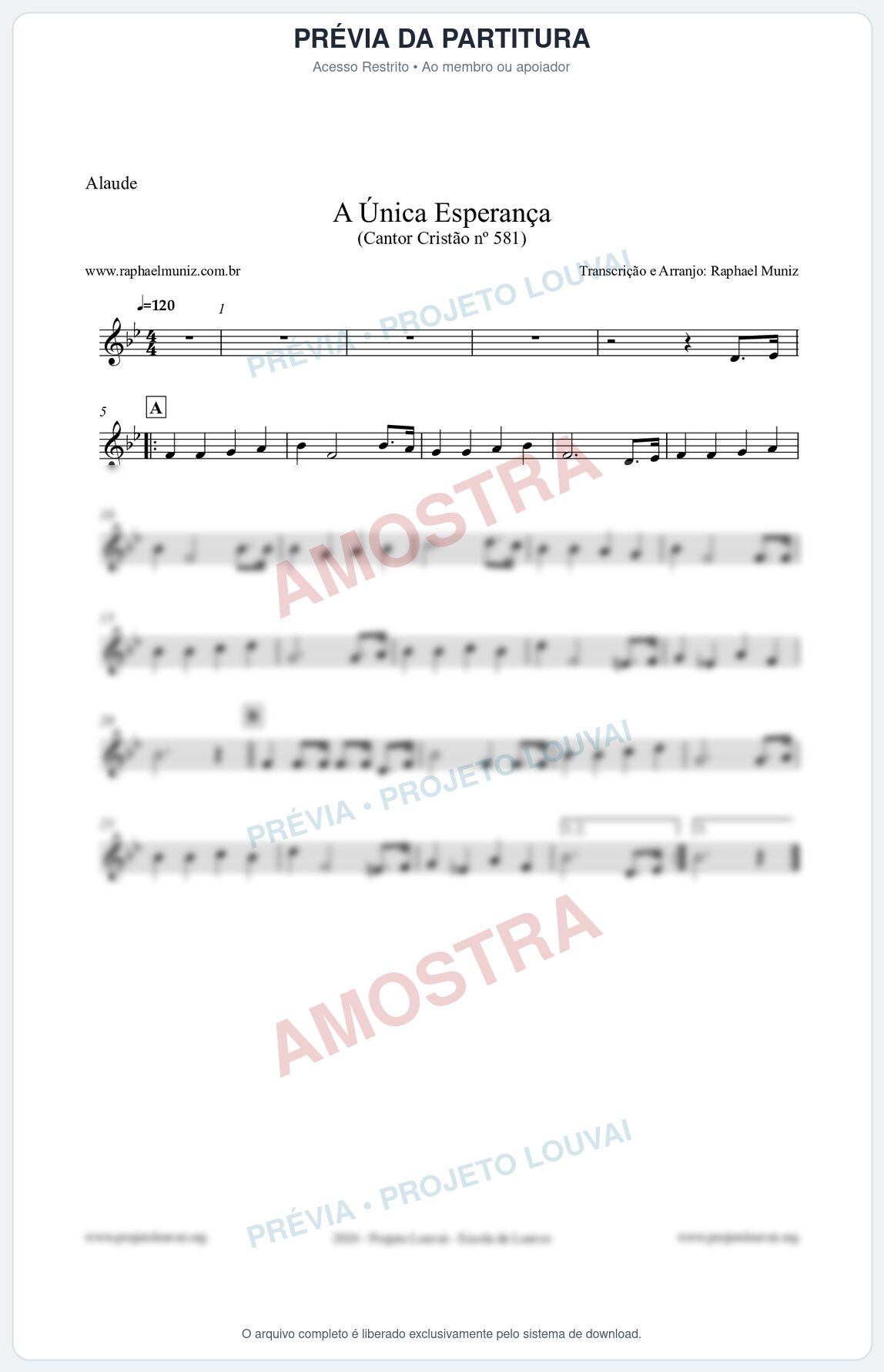Prévia protegida da primeira página da partitura Partitura para Alaúde - A Única Esperança - Cantor Cristão 581 - Clássicos do Gospel