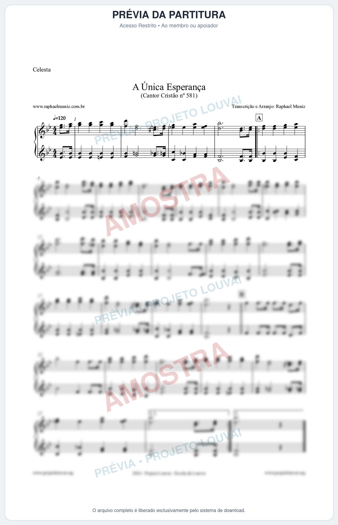 Prévia protegida da primeira página da partitura Partitura para Celesta - A Única Esperança - Cantor Cristão 581 - Clássicos do Gospel