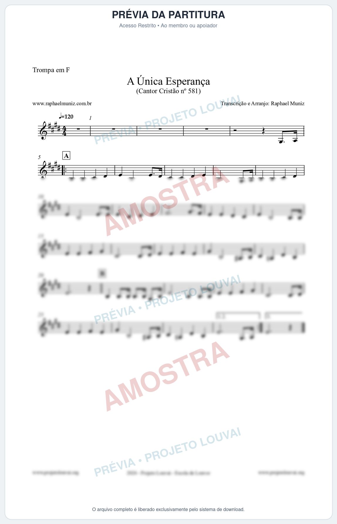 Prévia protegida da primeira página da partitura Partitura para Trompa em F - A Única Esperança - Cantor Cristão 581 - Clássicos do Gospel