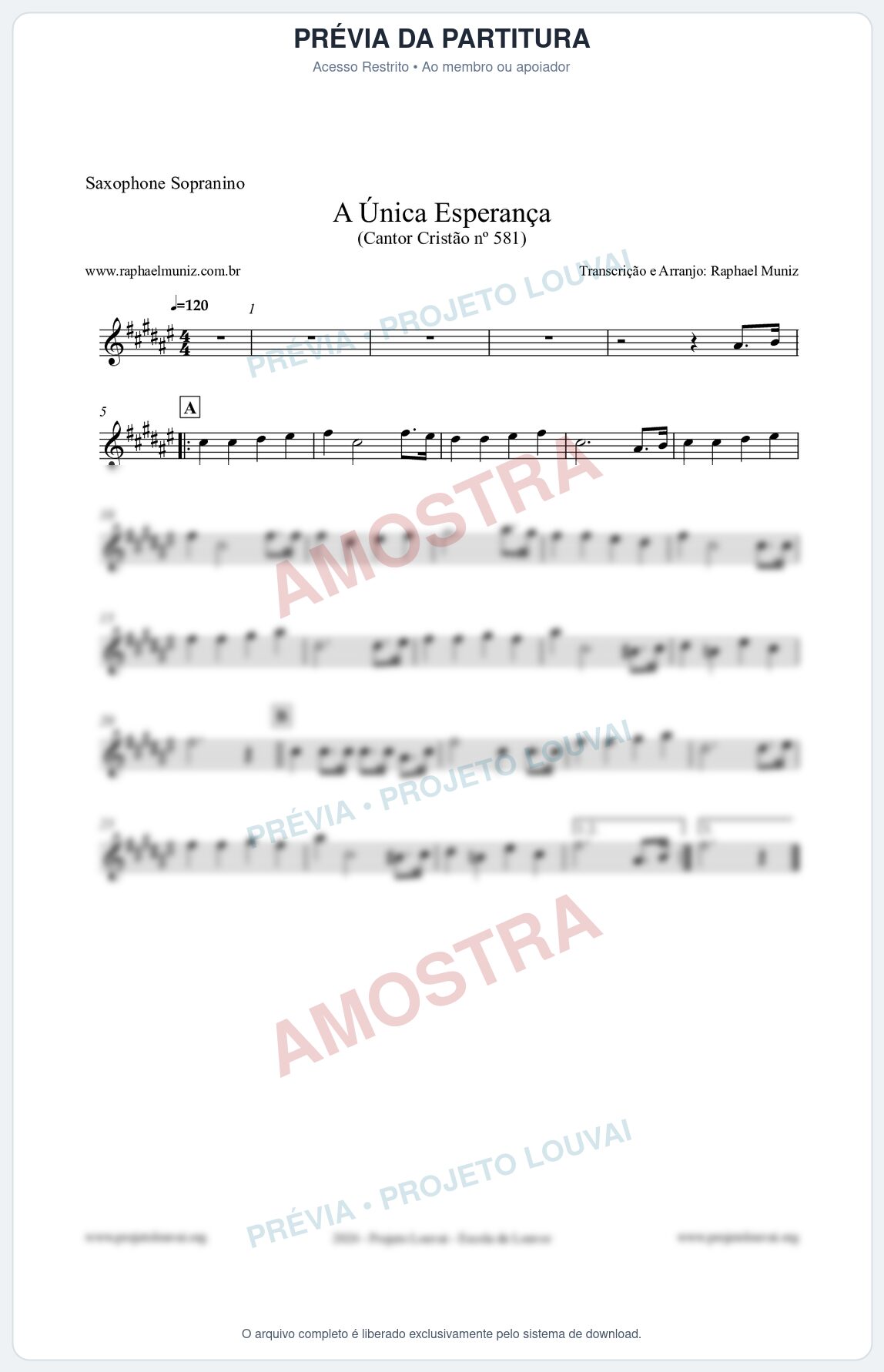 Prévia protegida da primeira página da partitura Partitura para Saxophone Sopranino - A Única Esperança - Cantor Cristão 581 - Clássicos do Gospel