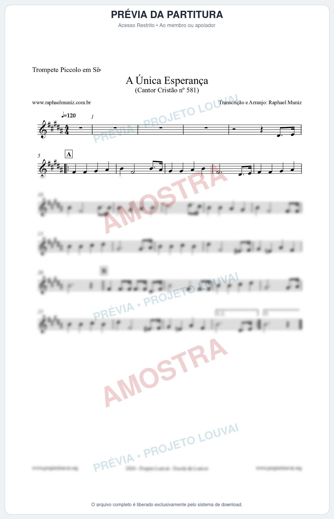 Prévia protegida da primeira página da partitura Partitura para Trompete Piccolo em Sib - A Única Esperança - Cantor Cristão 581 - Clássicos do Gospel