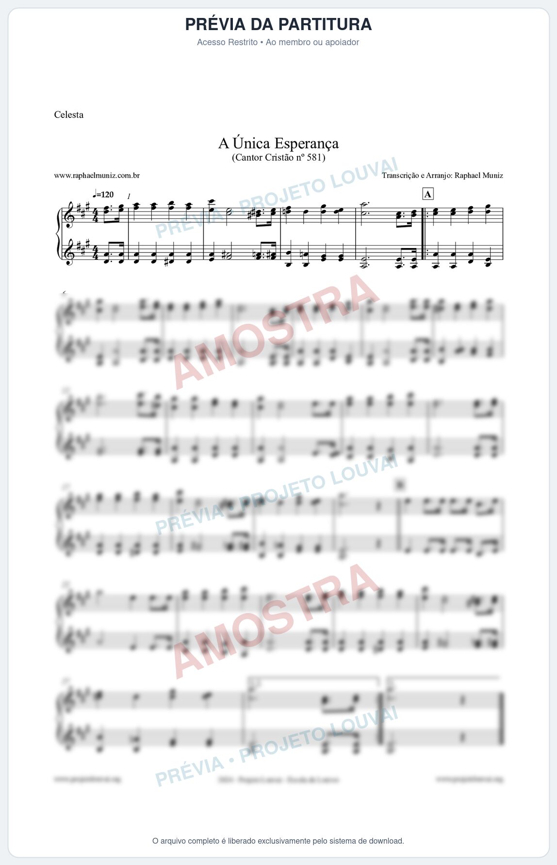 Prévia protegida da primeira página da partitura Partitura para Celesta - A Única Esperança - Cantor Cristão 581 - Clássicos do Gospel
