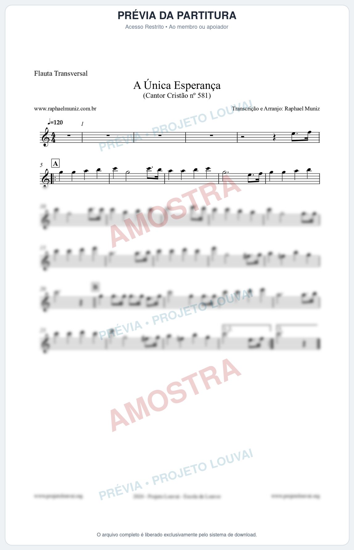 Prévia protegida da primeira página da partitura Partitura para Flauta Transversal - A Única Esperança - Cantor Cristão 581 - Clássicos do Gospel