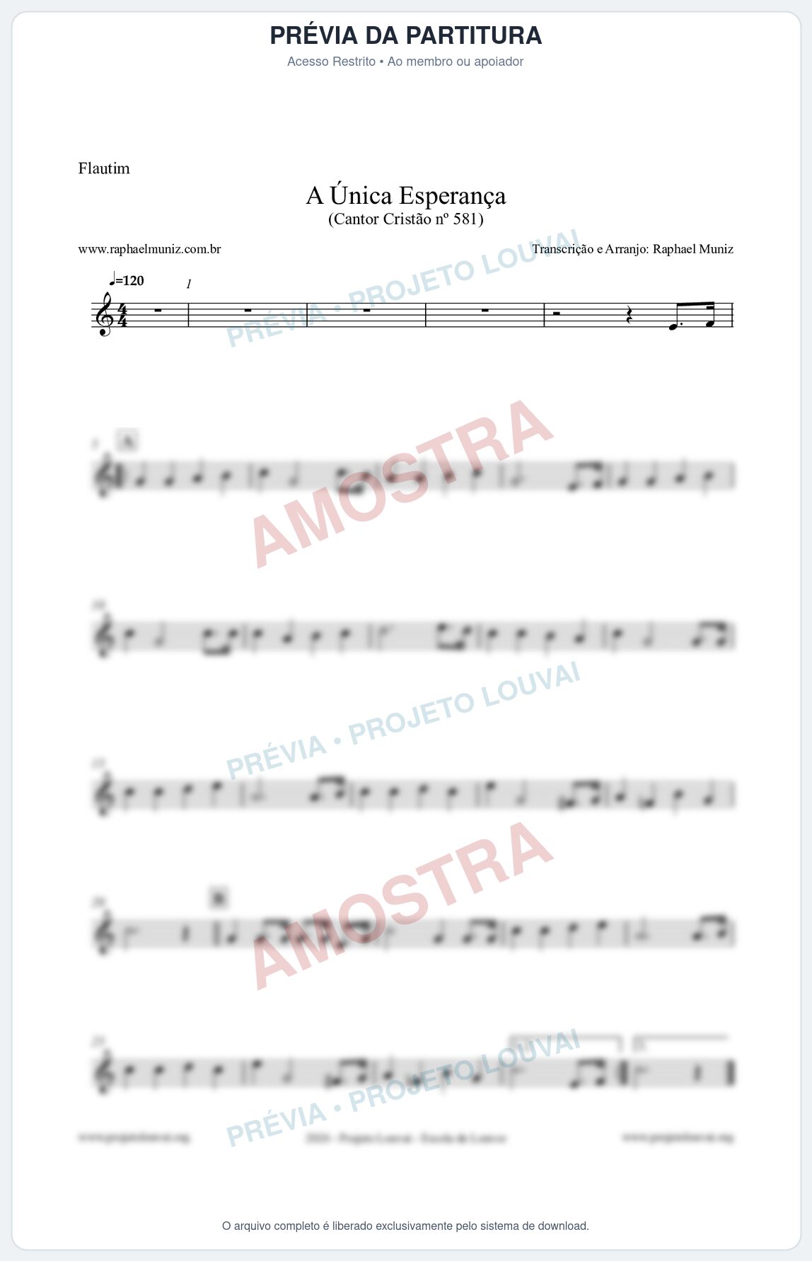 Prévia protegida da primeira página da partitura Partitura para Flautim - A Única Esperança - Cantor Cristão 581 - Clássicos do Gospel